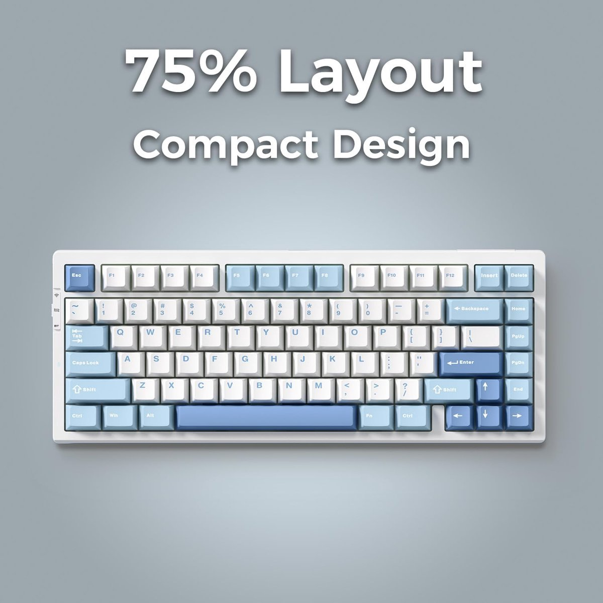 A white keyboard with blue accent keys in a 75% layout.
