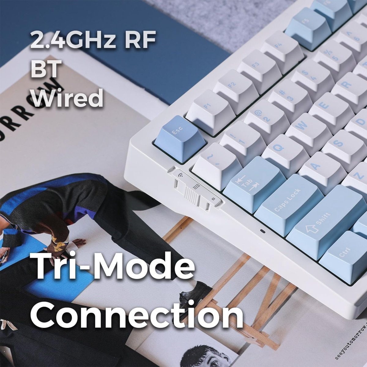 A white keyboard with blue accent keys, displaying 2.4GHz RF, BT, and wired connections.