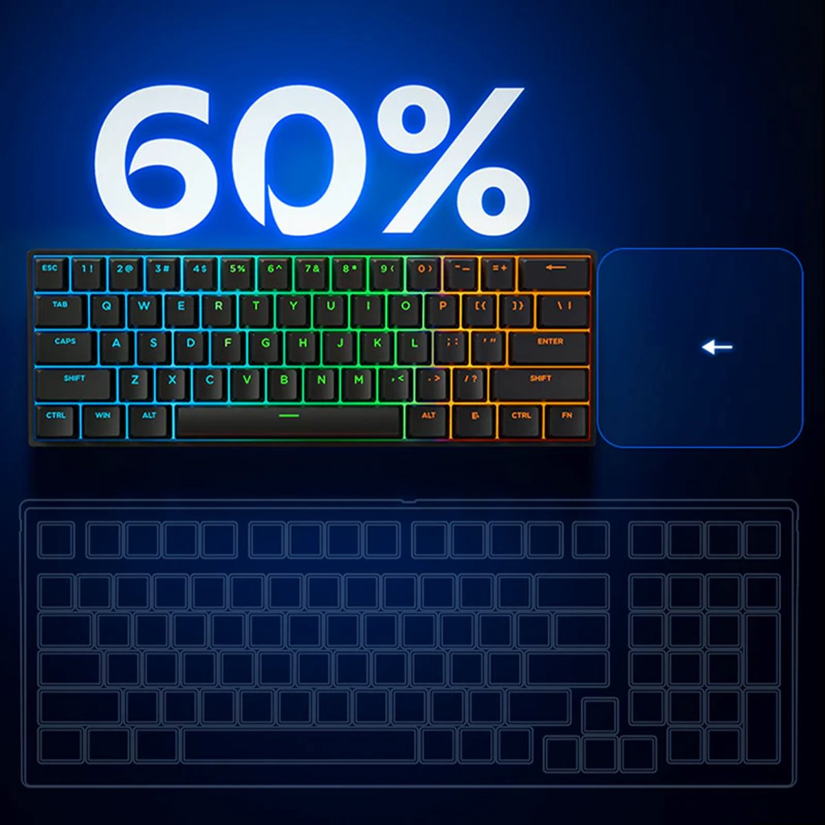 RGB aydınlatmalı %60 mekanik klavye ve sol ok simgesi.