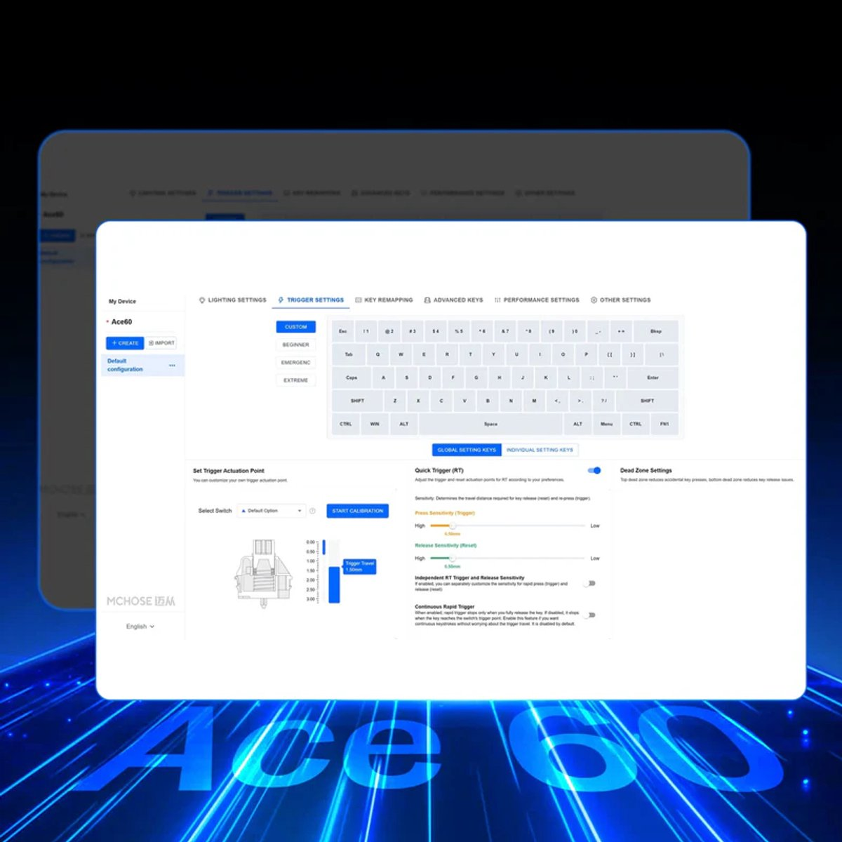 Schermafbeelding van toetsenbordconfiguratiesoftware met instellingen voor triggerpunt.