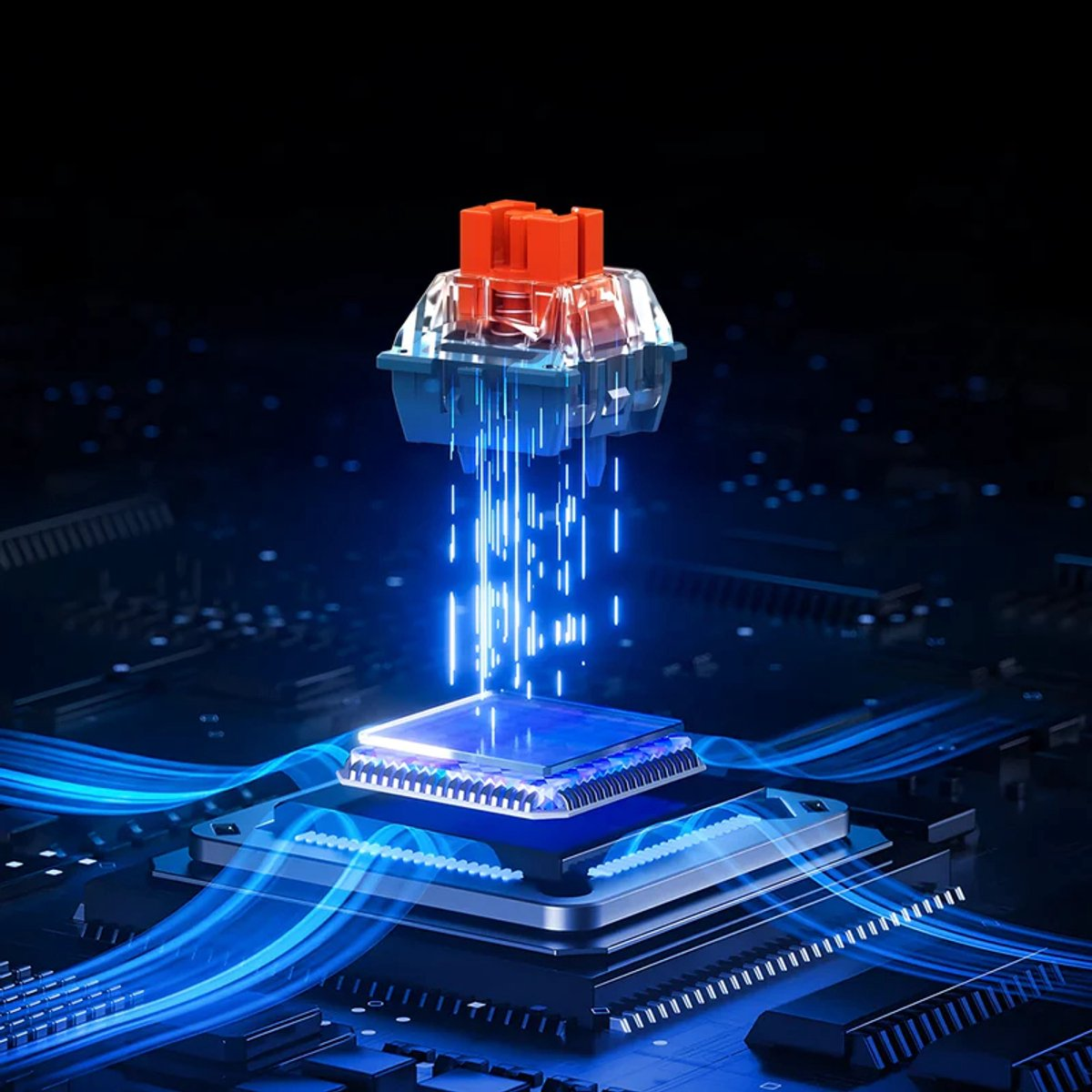 Een rode toetsenschakelaar boven een gloeiende CPU op een printplaat.