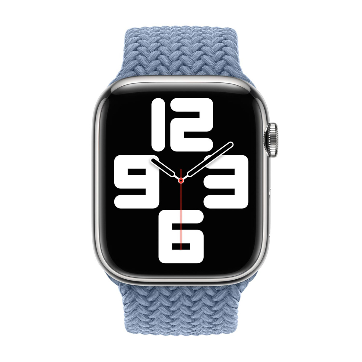Uno smartwatch argentato con cinturino blu intrecciato e quadrante digitale con grandi numeri bianchi.
