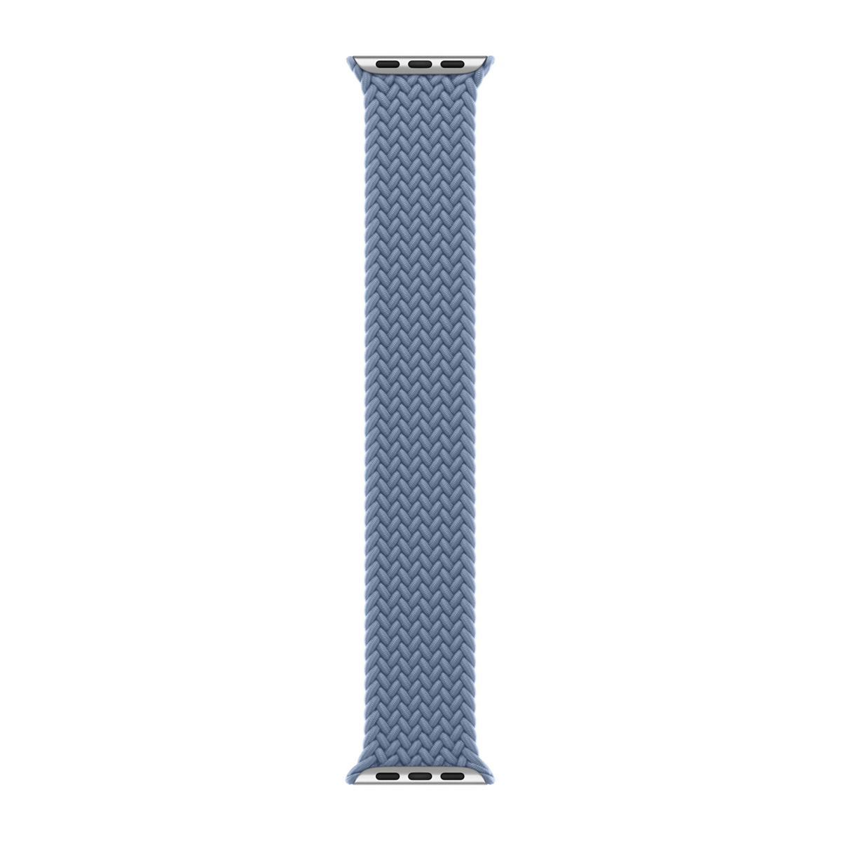 Un cinturino Apple Watch blu intrecciato con connettori argentati.