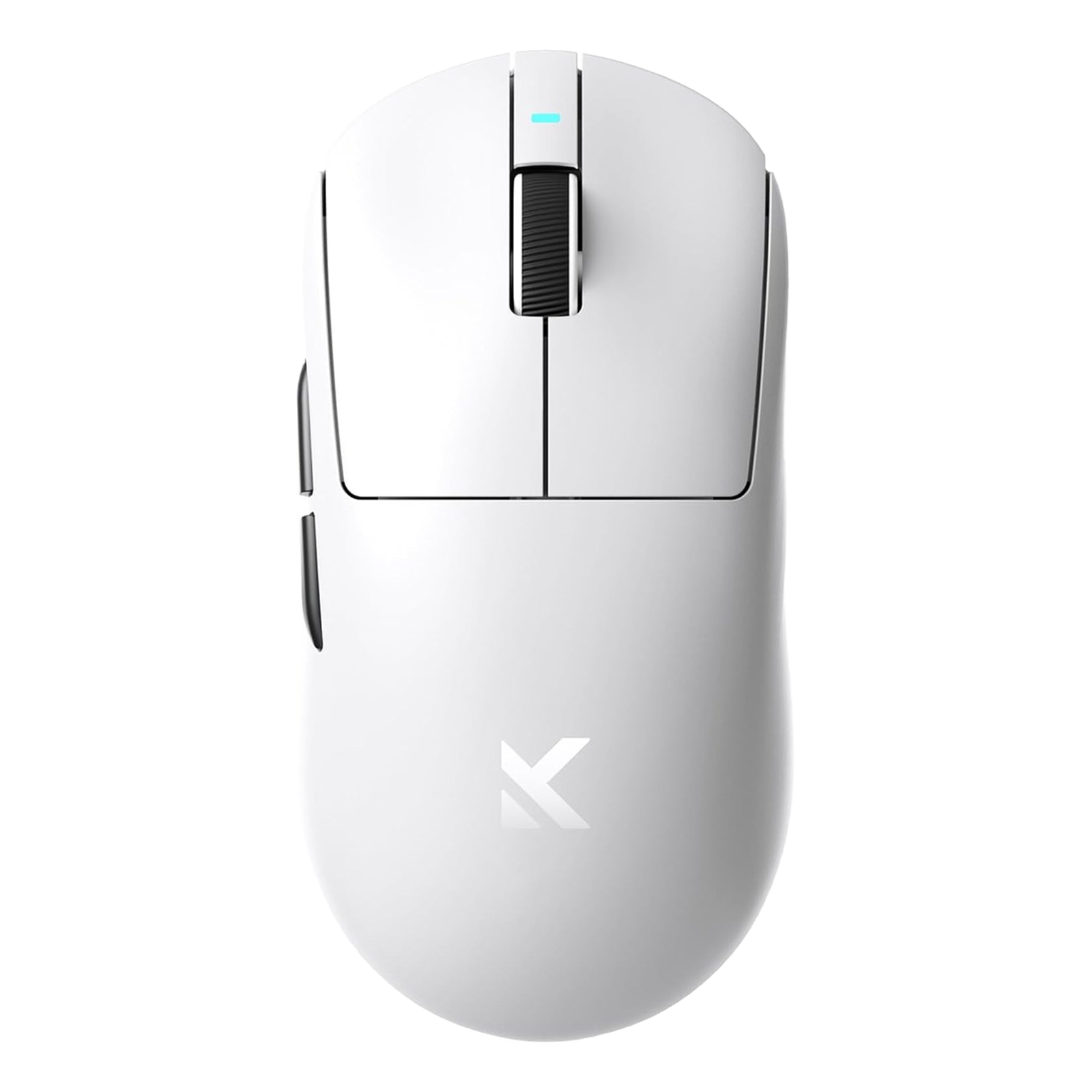 A white gaming mouse with a scroll wheel and blue LED on a white background.