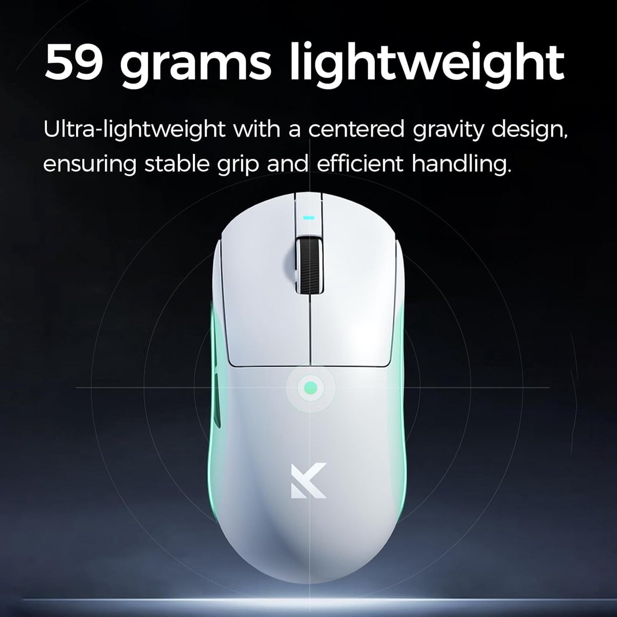 A white, 59-gram wireless mouse with green lighting and a K logo.