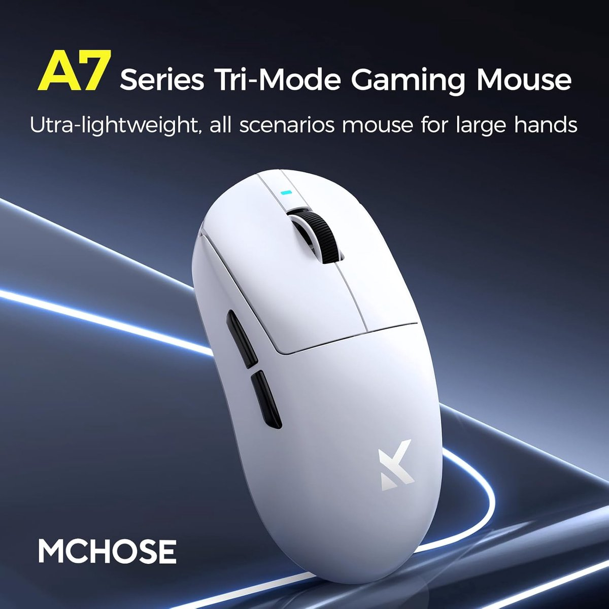 A white MCHOSE A7 gaming mouse with a scroll wheel and side buttons.
