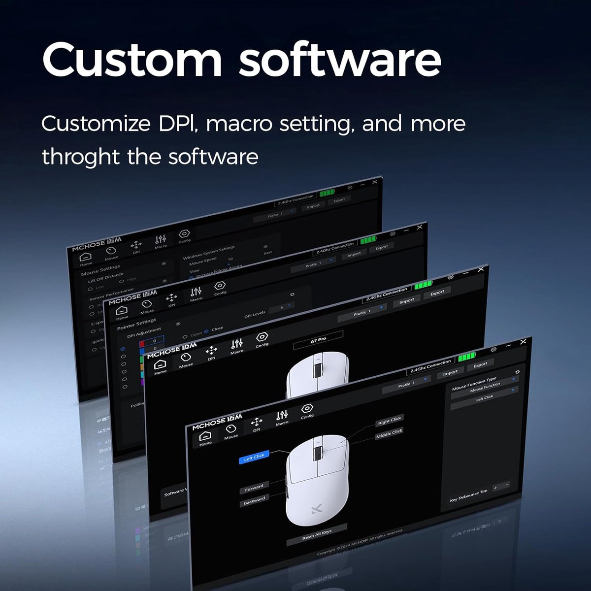 Screenshots show MCHOSE software for customizing DPI, macros, and mouse button functions.
