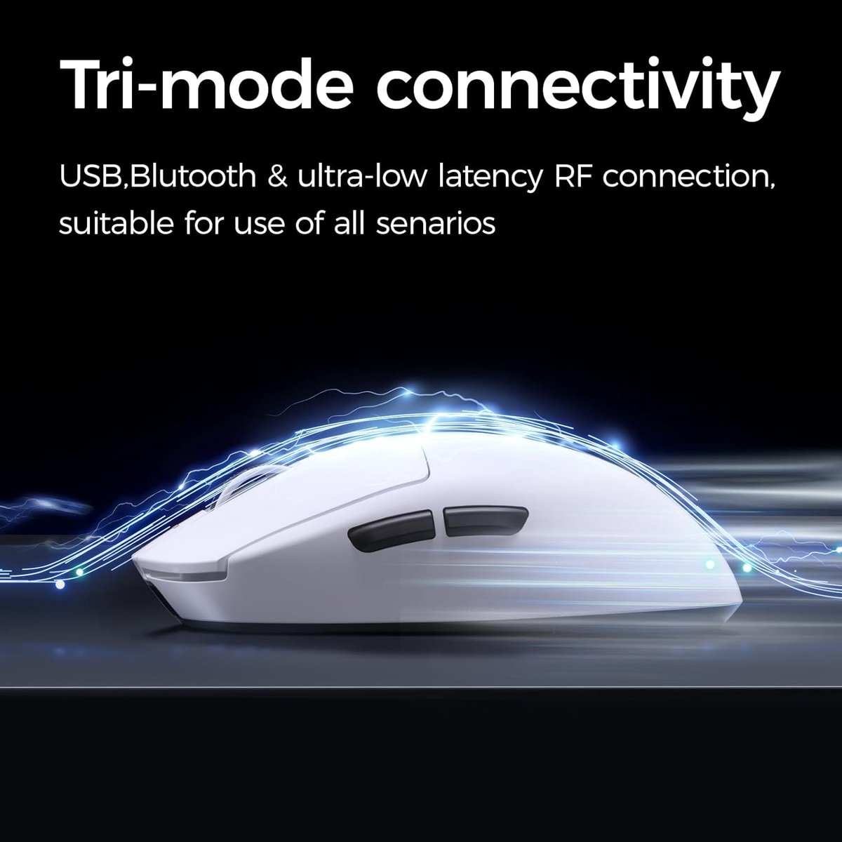 White mouse with blue light effects and text about connectivity.