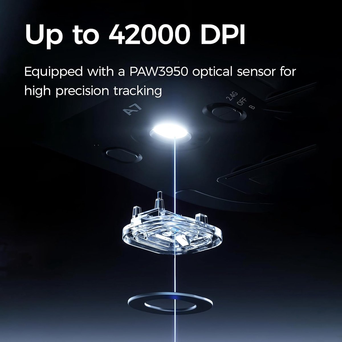 Mouse sensor with illuminated light beam pointing upwards.