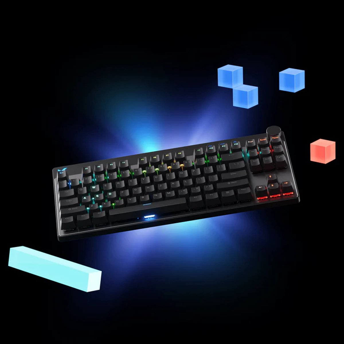 A black keyboard with colorful RGB lighting on a dark background.