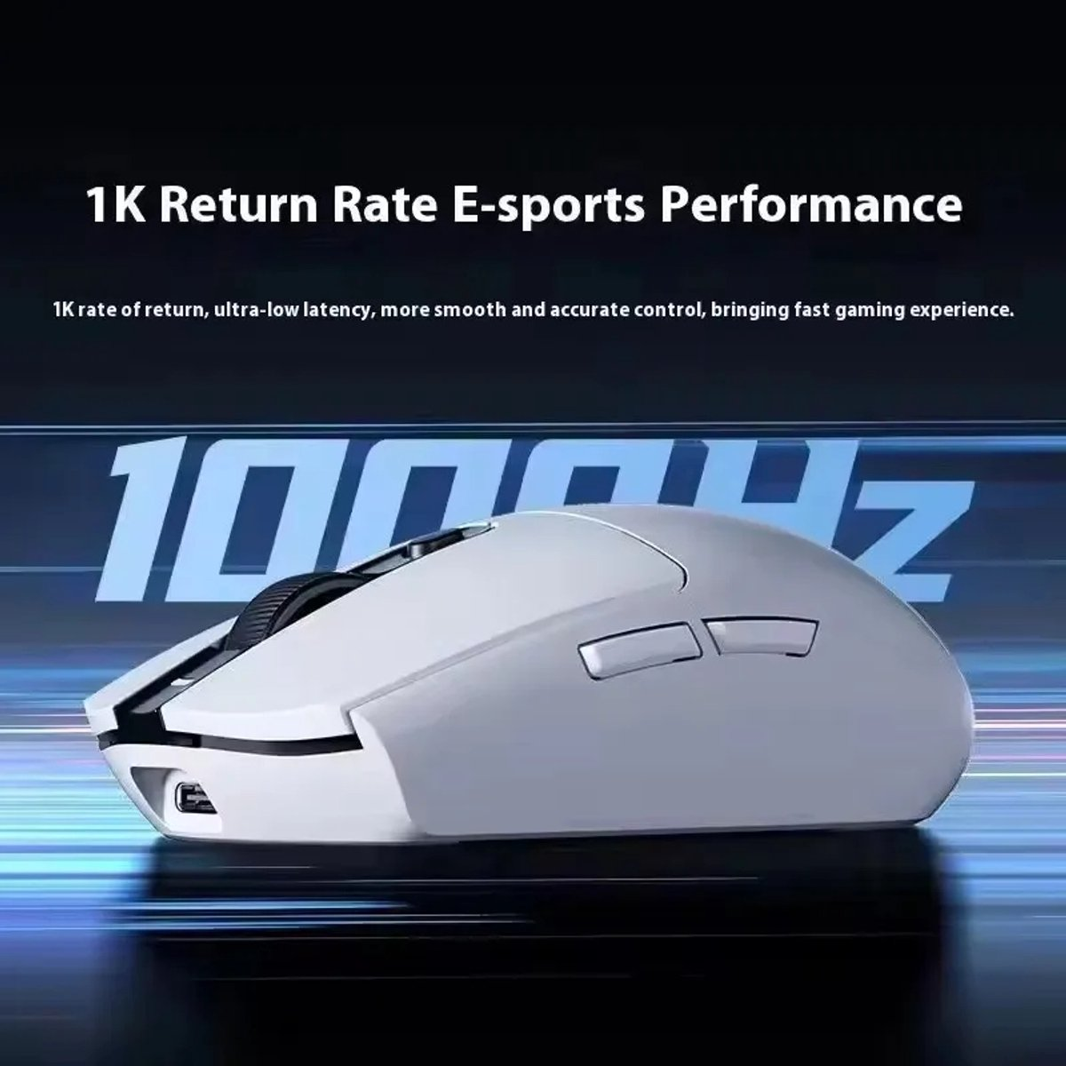 A white gaming mouse with 1K return rate on a blue background.