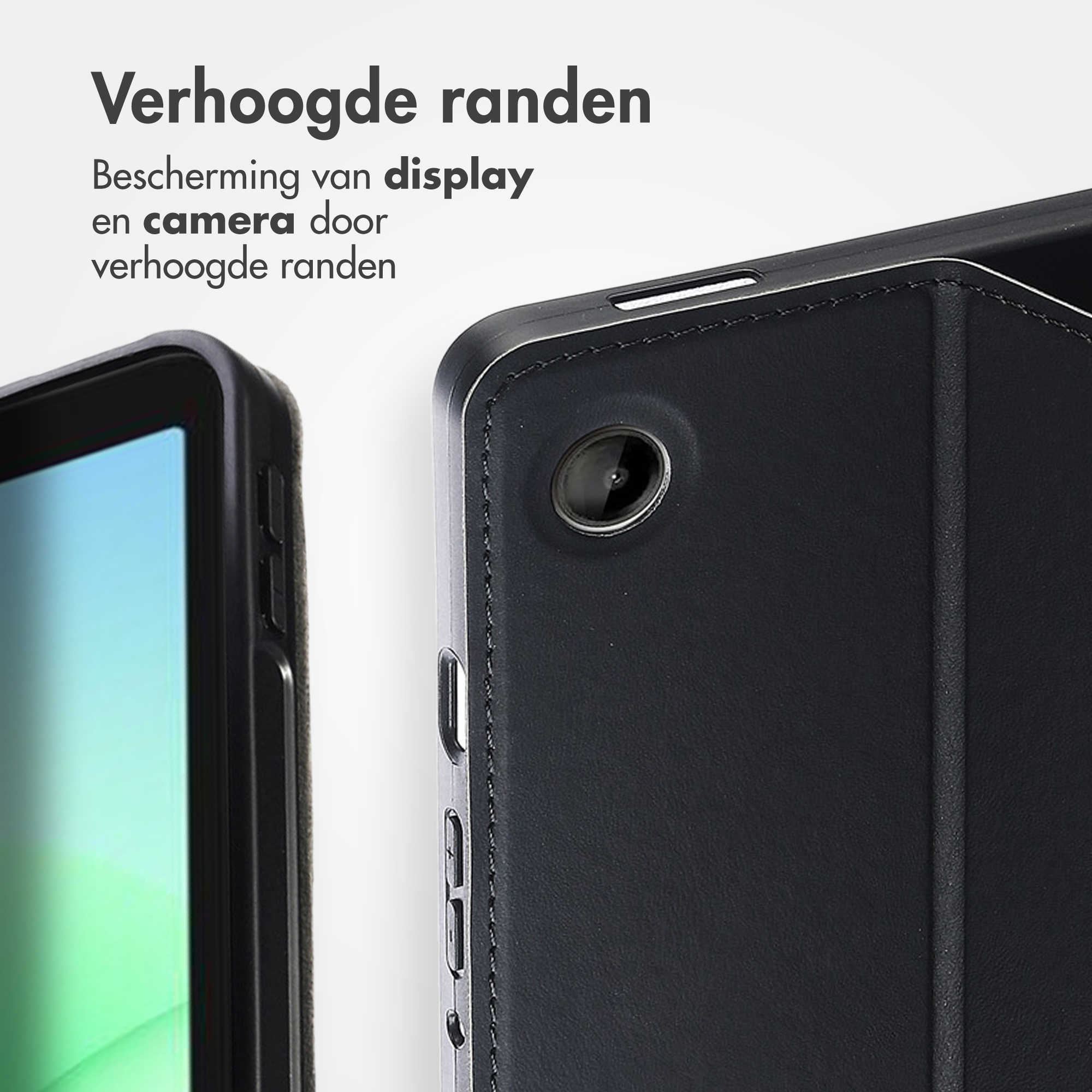 Close-up van een zwarte tablethoes met verhoogde randen die het scherm beschermen.