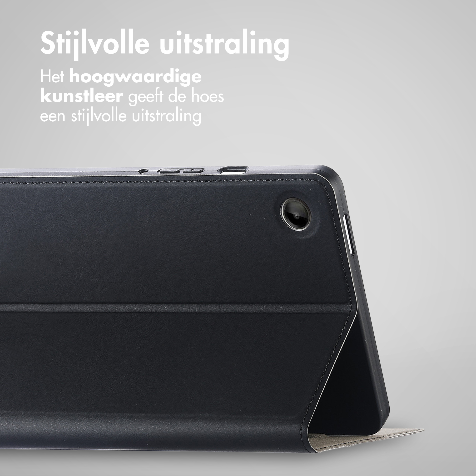 Zwarte tabletcase gesloten, met camera en knoppen aan de bovenkant.