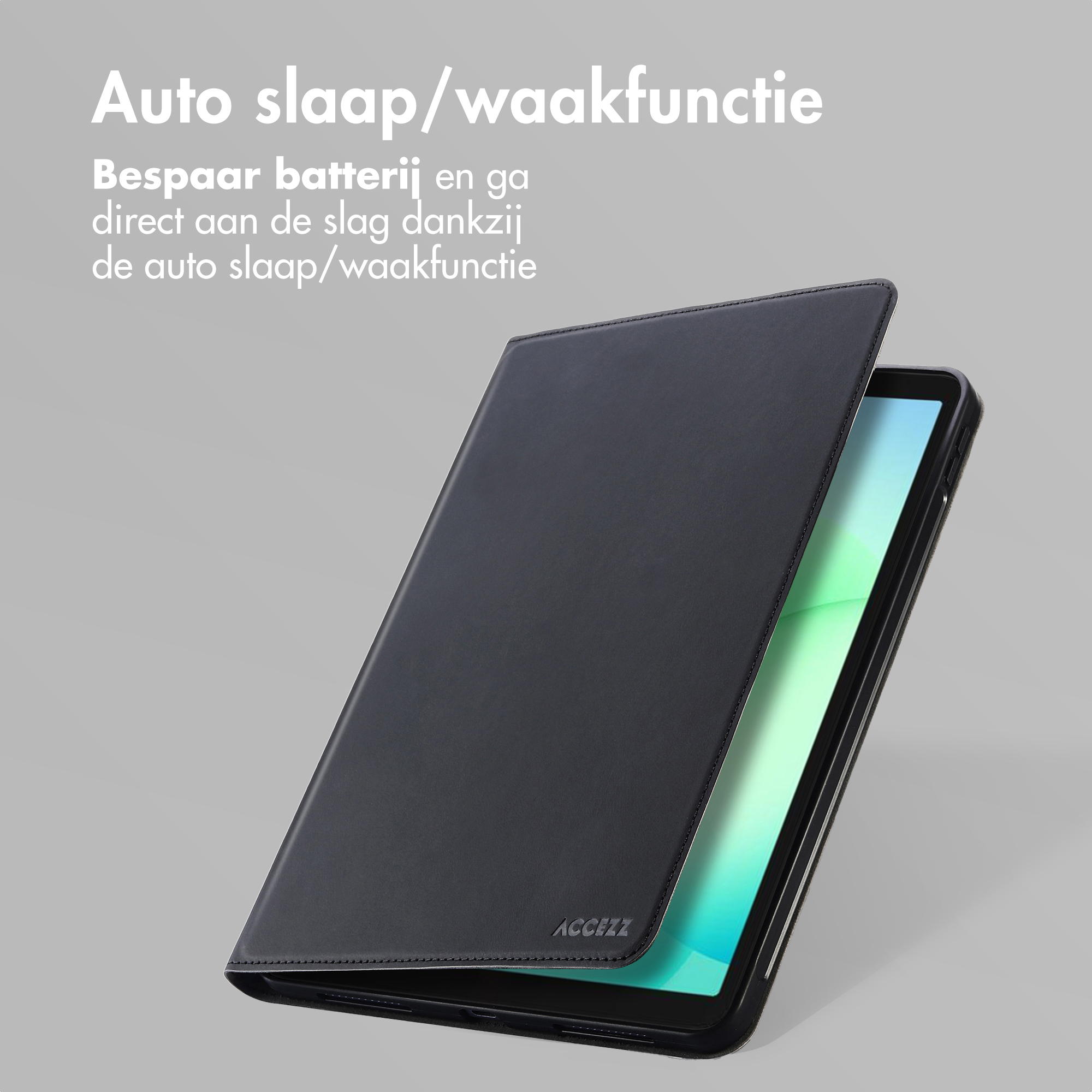 Zwart tablethoes met tekst en verlicht scherm.