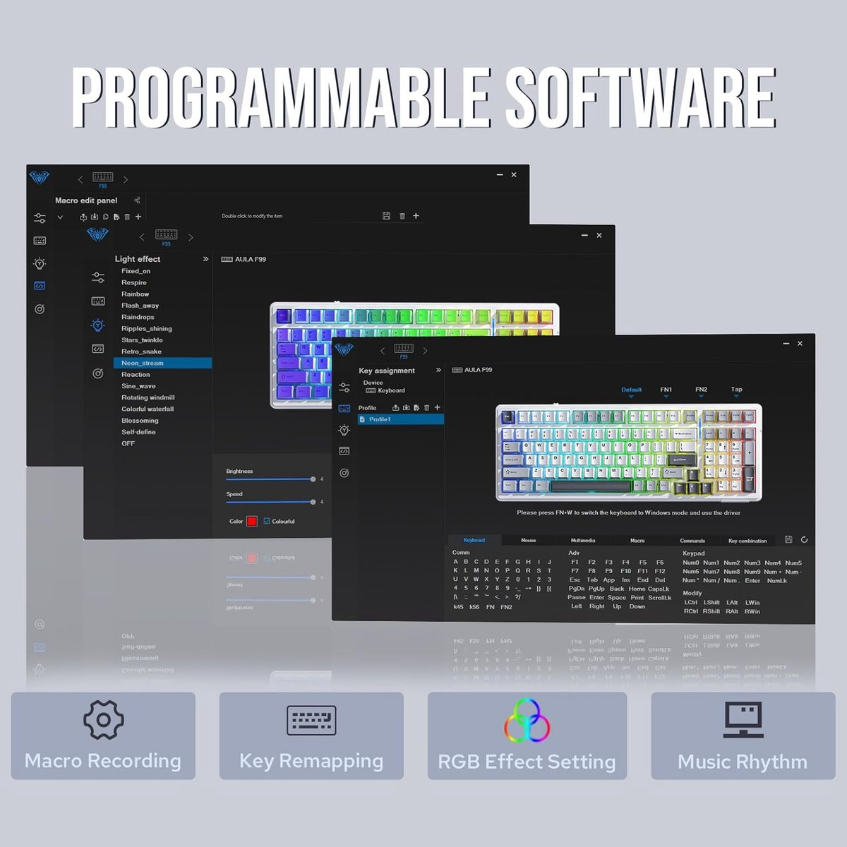 Software interface showing keyboard layout and lighting settings.