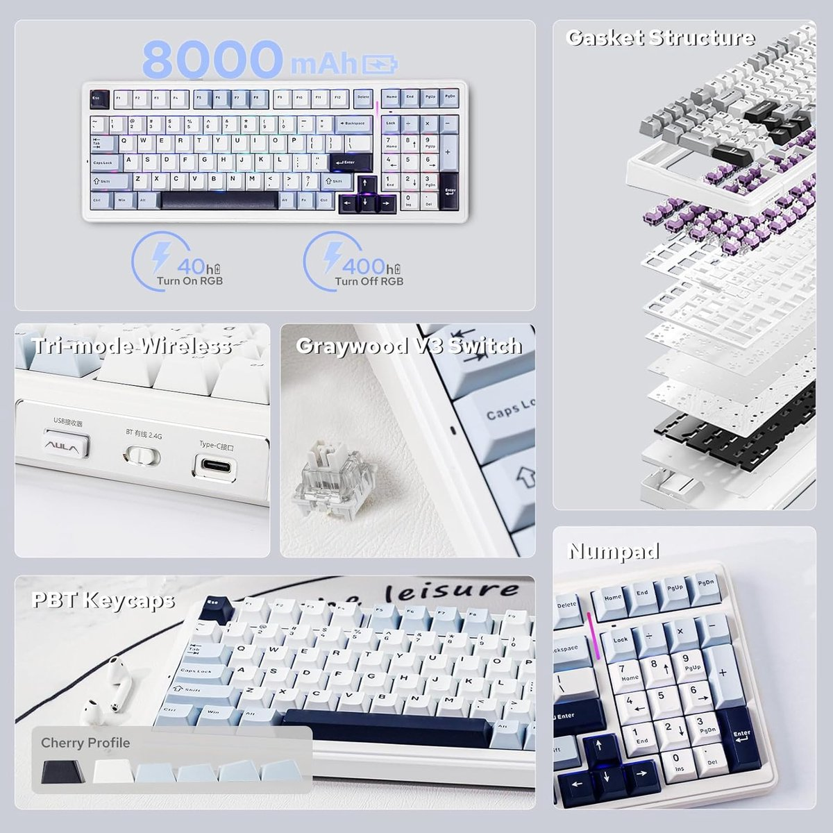 Keyboard layout featuring 8000 mAh battery and multiple connectivity options.