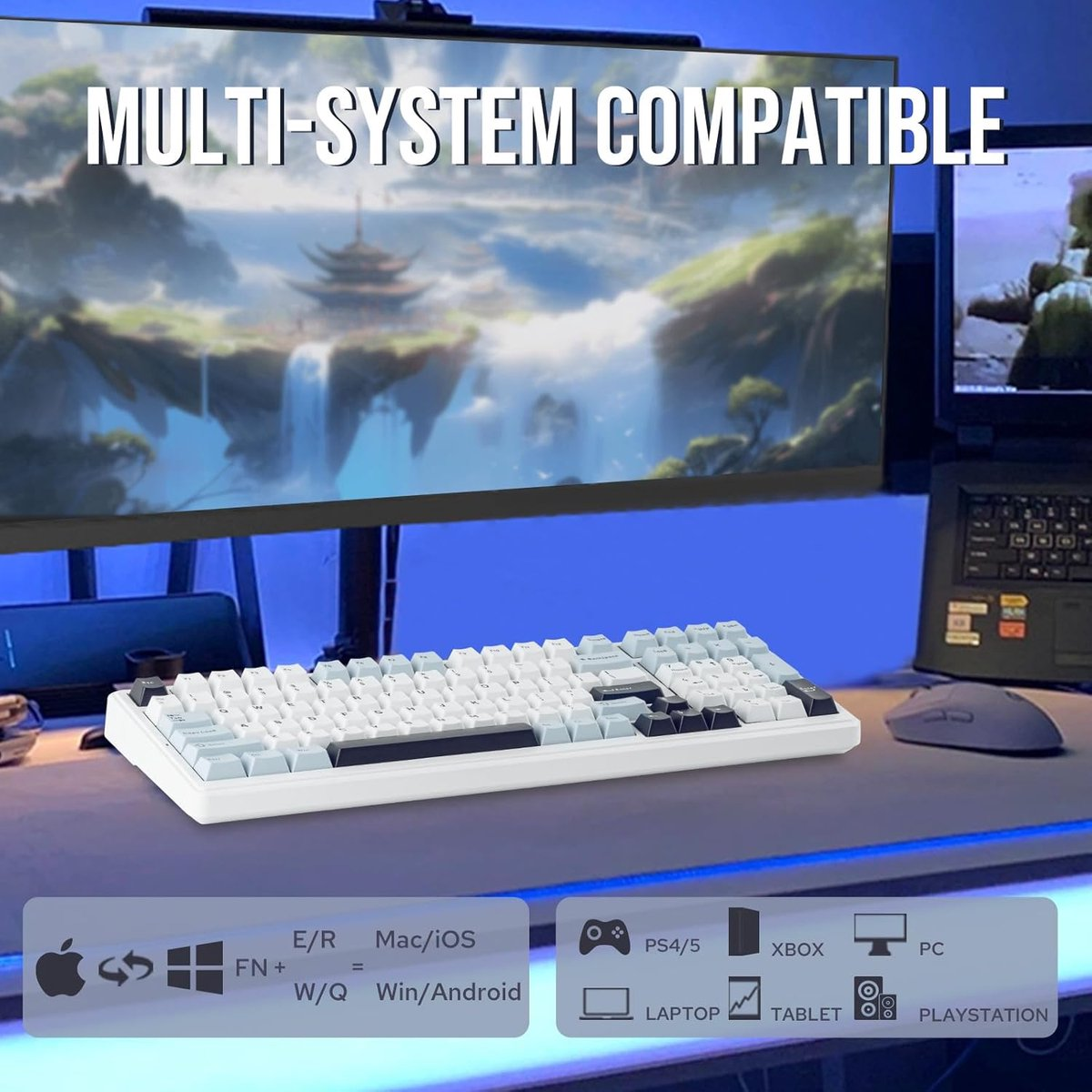 A keyboard, mouse, and monitor displaying a fantasy landscape.