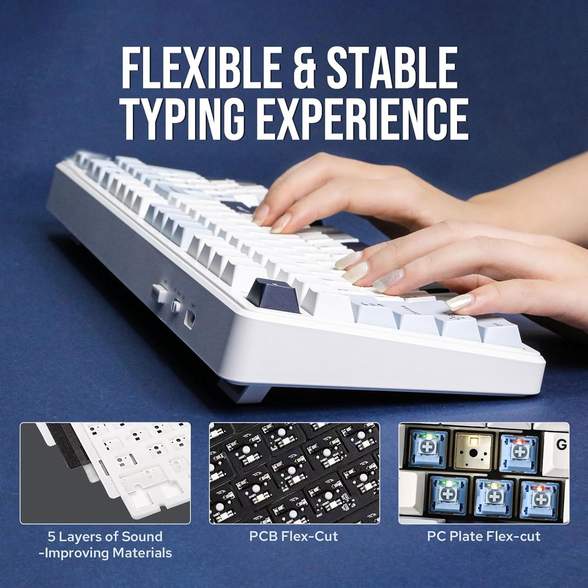 Hands typing on a white keyboard with dark accents. Close-ups of materials and PCB flex-cut below.
