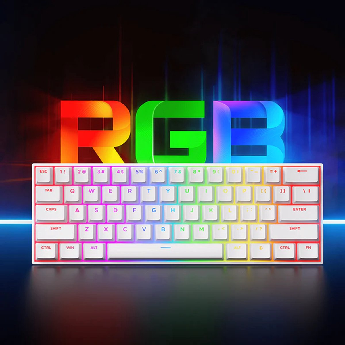 Een wit RGB-toetsenbord met verlichte toetsen tegen een donkere, levendige achtergrond.