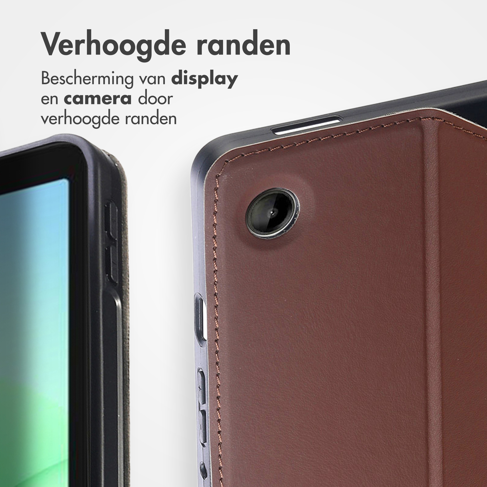 Bruine leren tablethoes met cameralens en verhoogde randen.