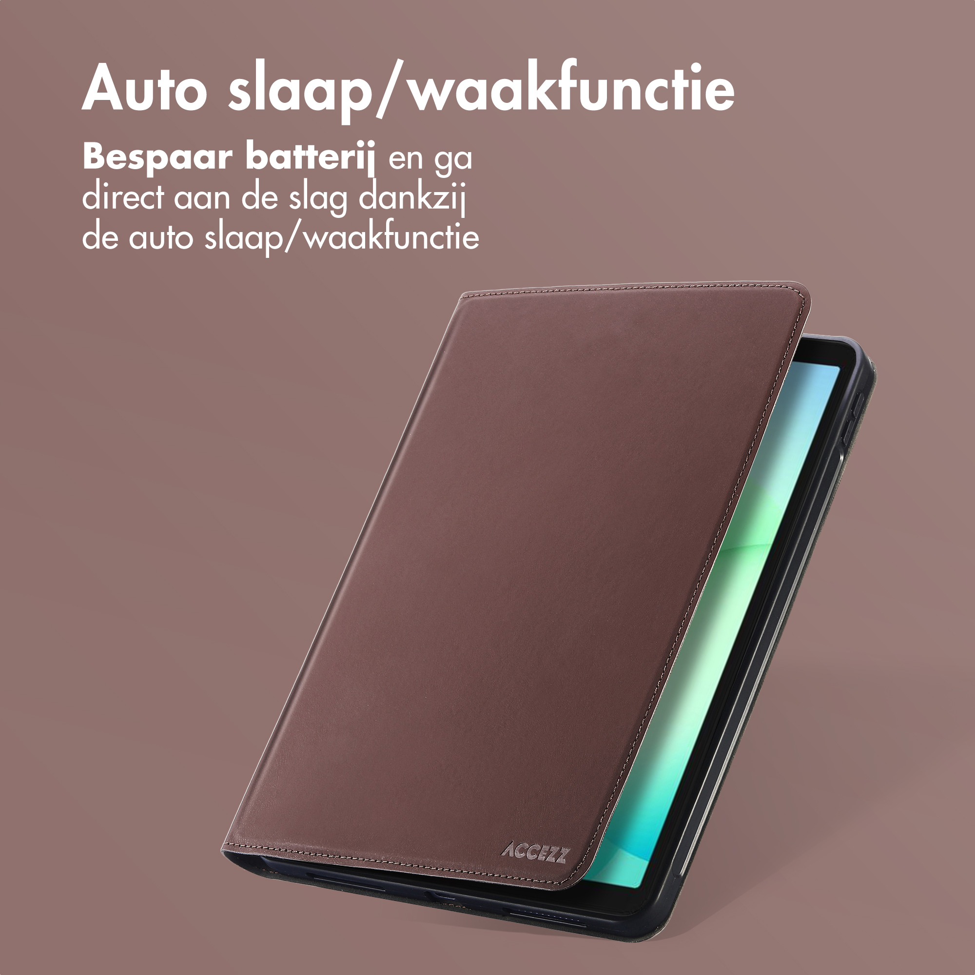 Bruine tablet met hoes, met auto slaap/waakfunctie.