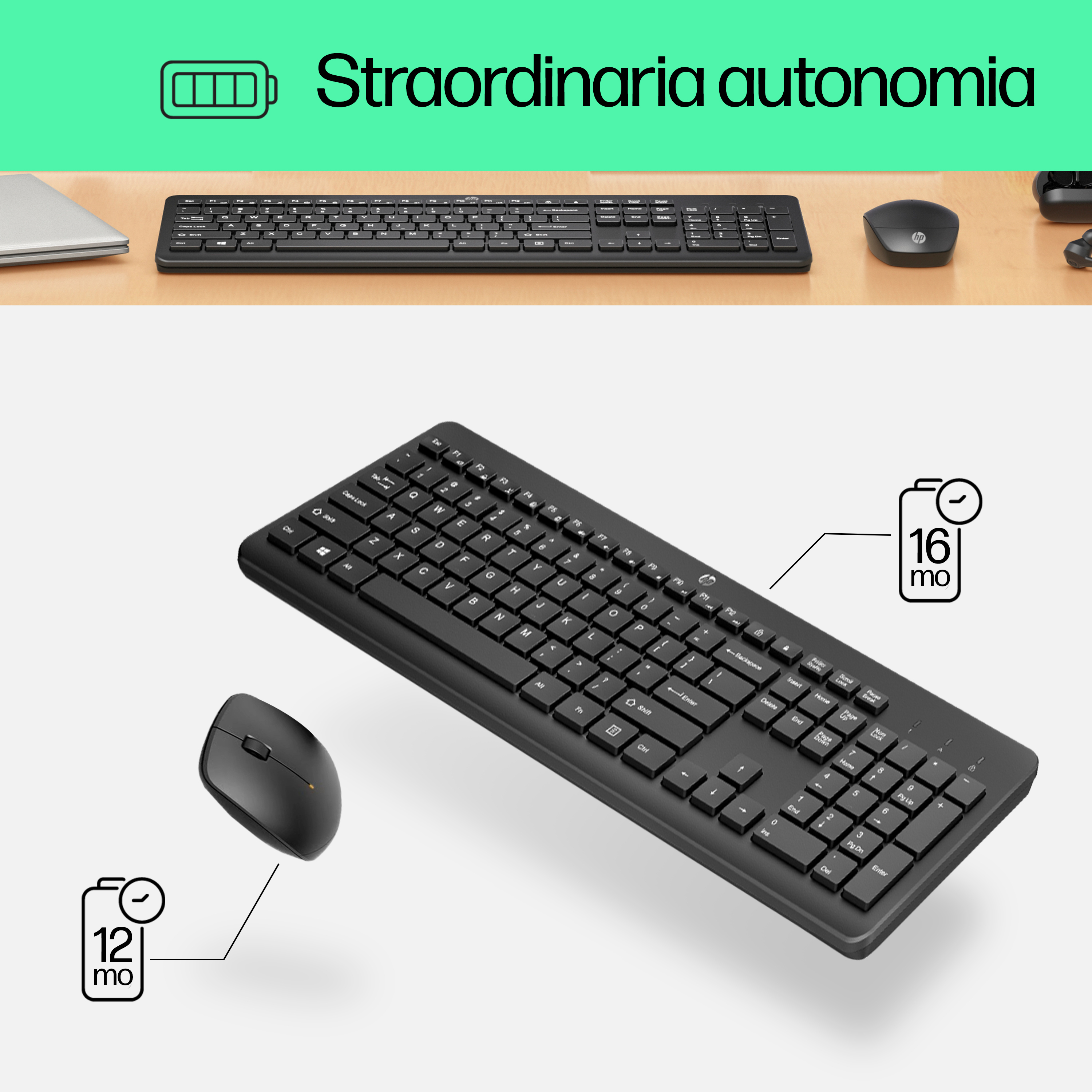 Schwarze Tastatur und Maus mit Akku-Symbolen für 12 und 16 Monate.
