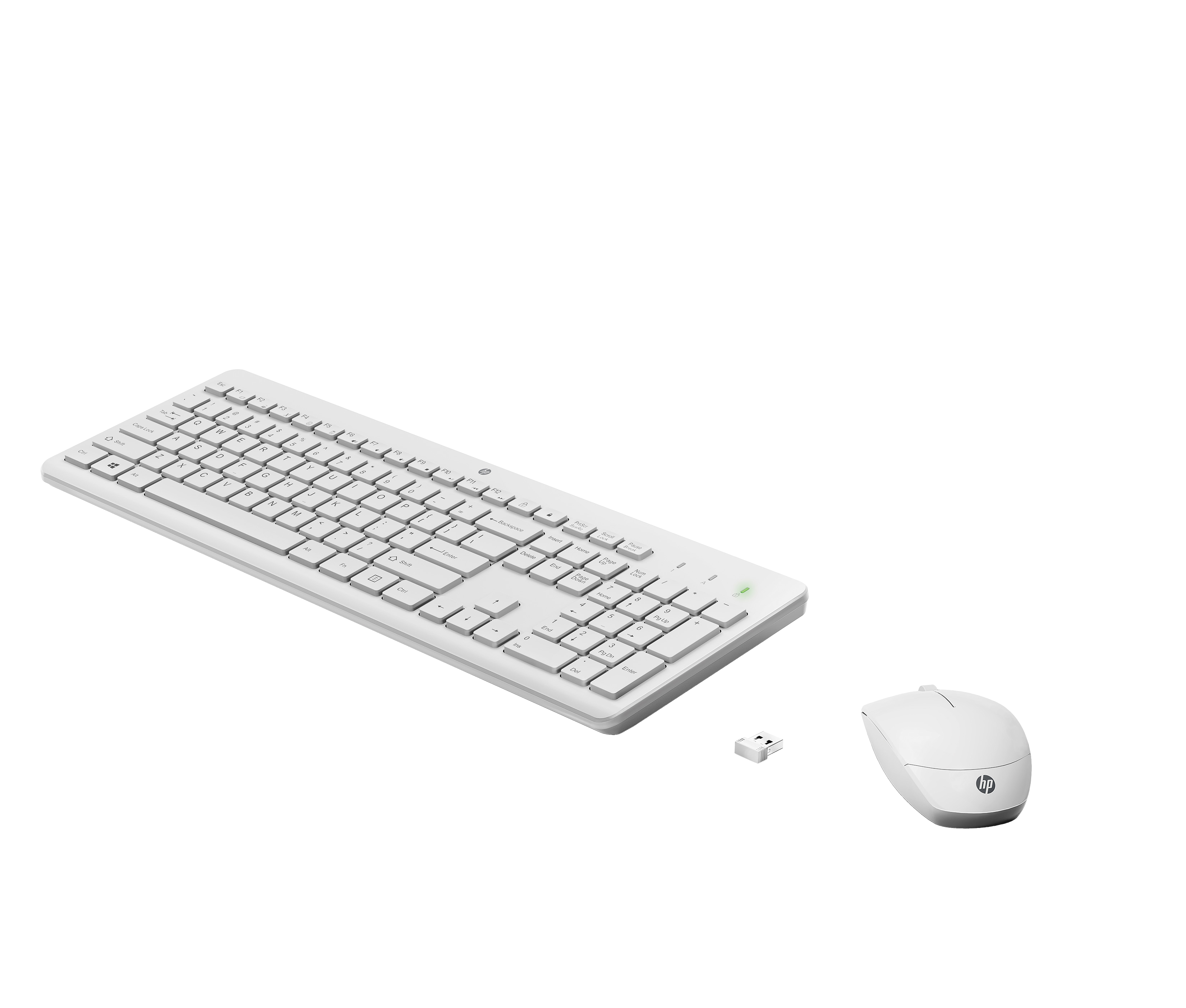 Weißes HP Tastatur- und Mausset mit USB-Empfänger auf weißem Hintergrund.