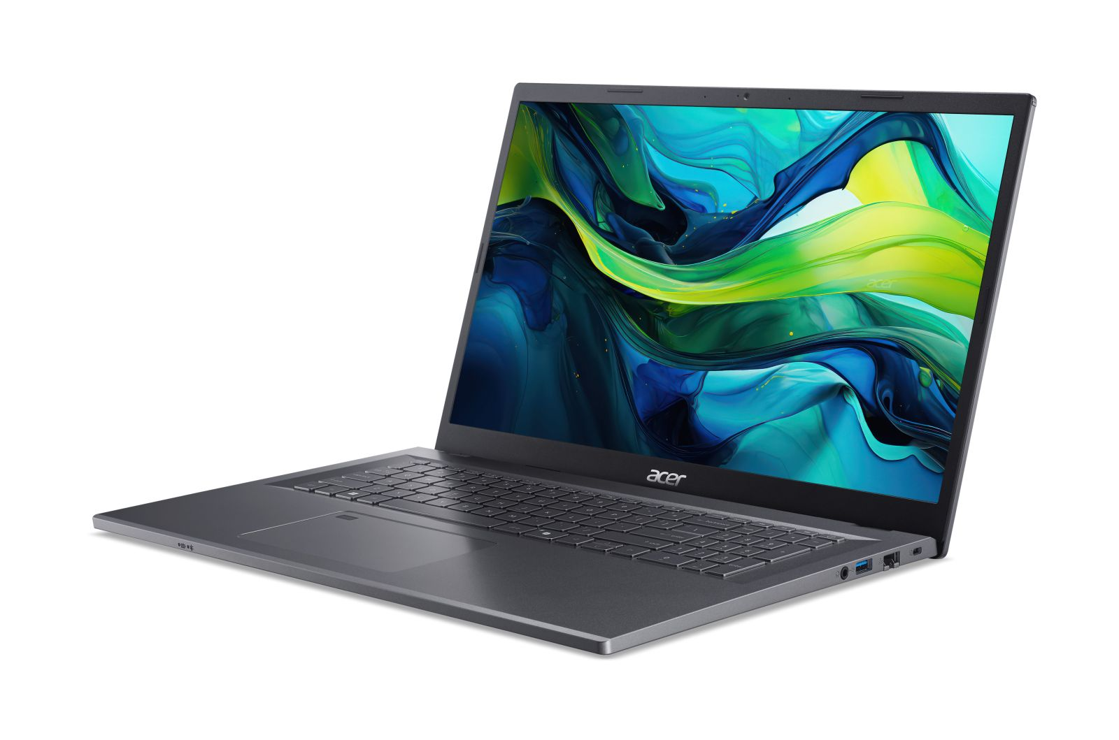 Ein geöffneter grauer Acer Laptop mit einem bunten Hintergrundbild.