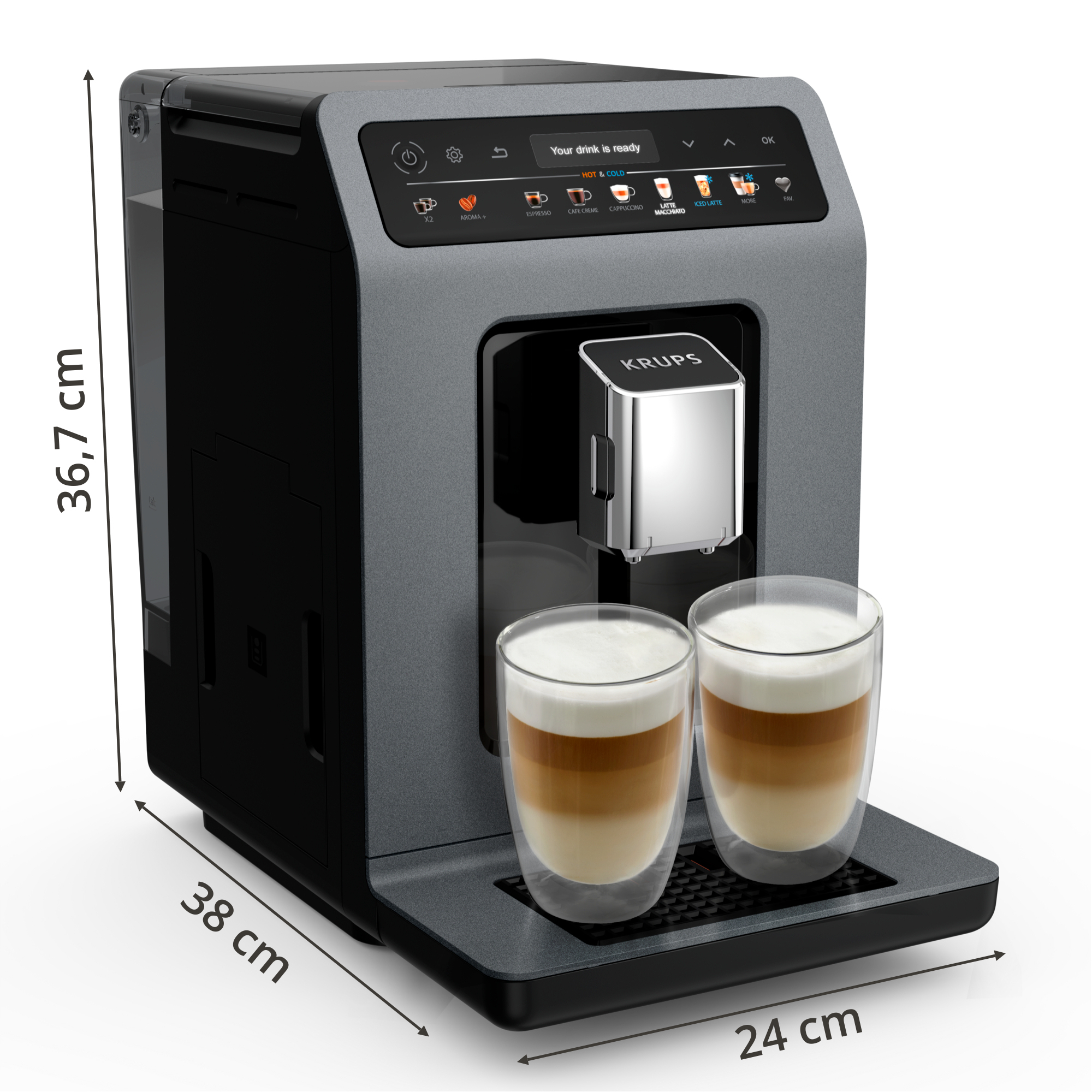 Macchina da caffè Krups con due bicchieri di latte macchiato. Dimensioni: A 36,7, L 24, P 38 cm.