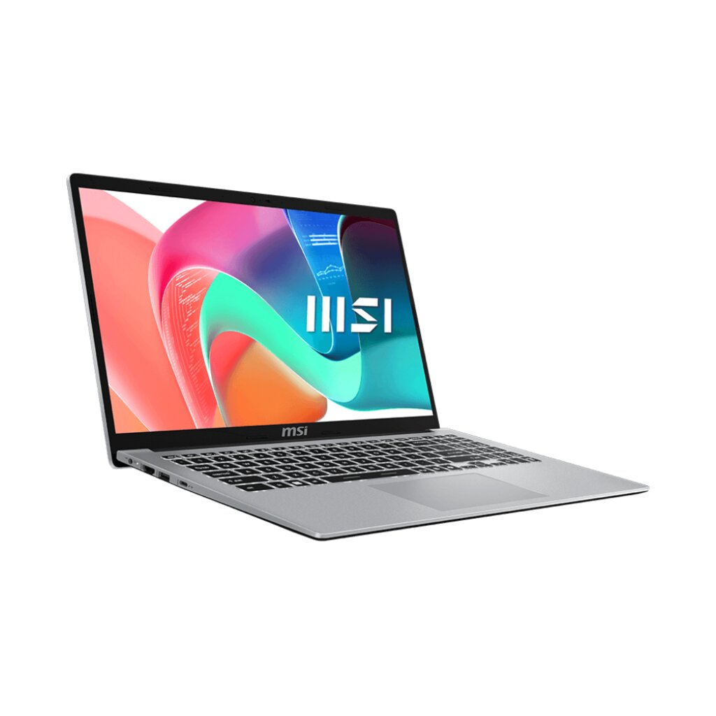 Un laptop MSI argento con uno sfondo astratto colorato sullo schermo.