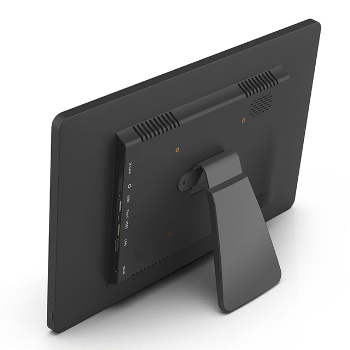 Retro di un monitor nero con porte e supporto integrato.