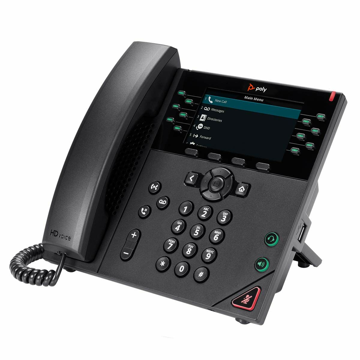 Ein schwarzes Poly-Bürotelefon mit Schnurhörer, Tastatur und Farbdisplay.