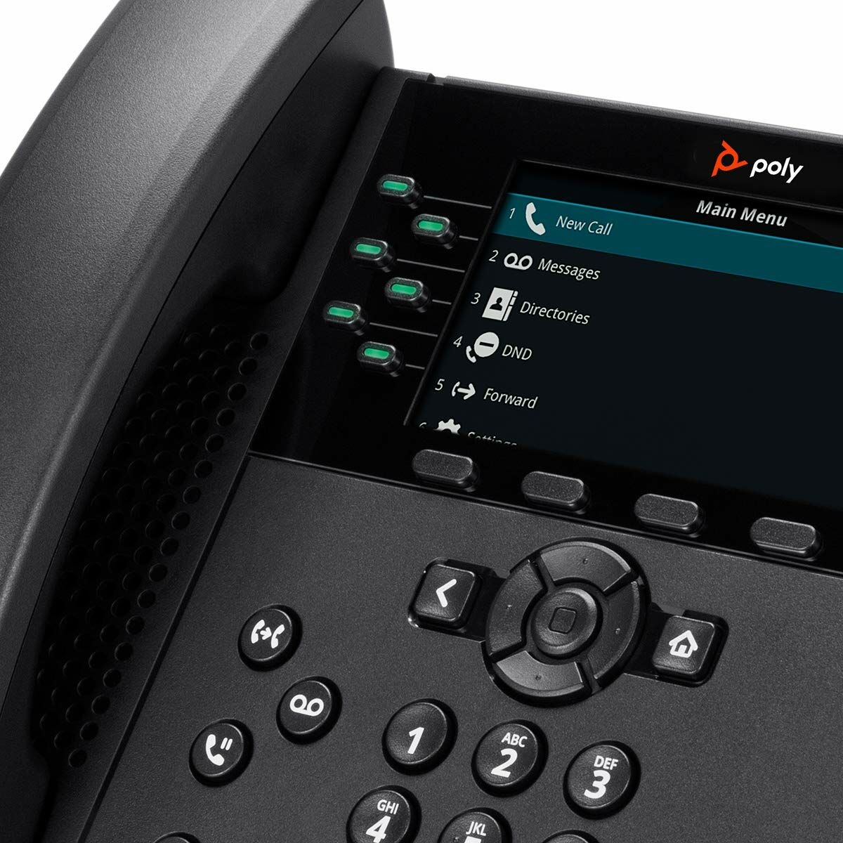 Ein schwarzes Poly-Telefon mit einem Farbdisplay, das das Hauptmenü anzeigt.