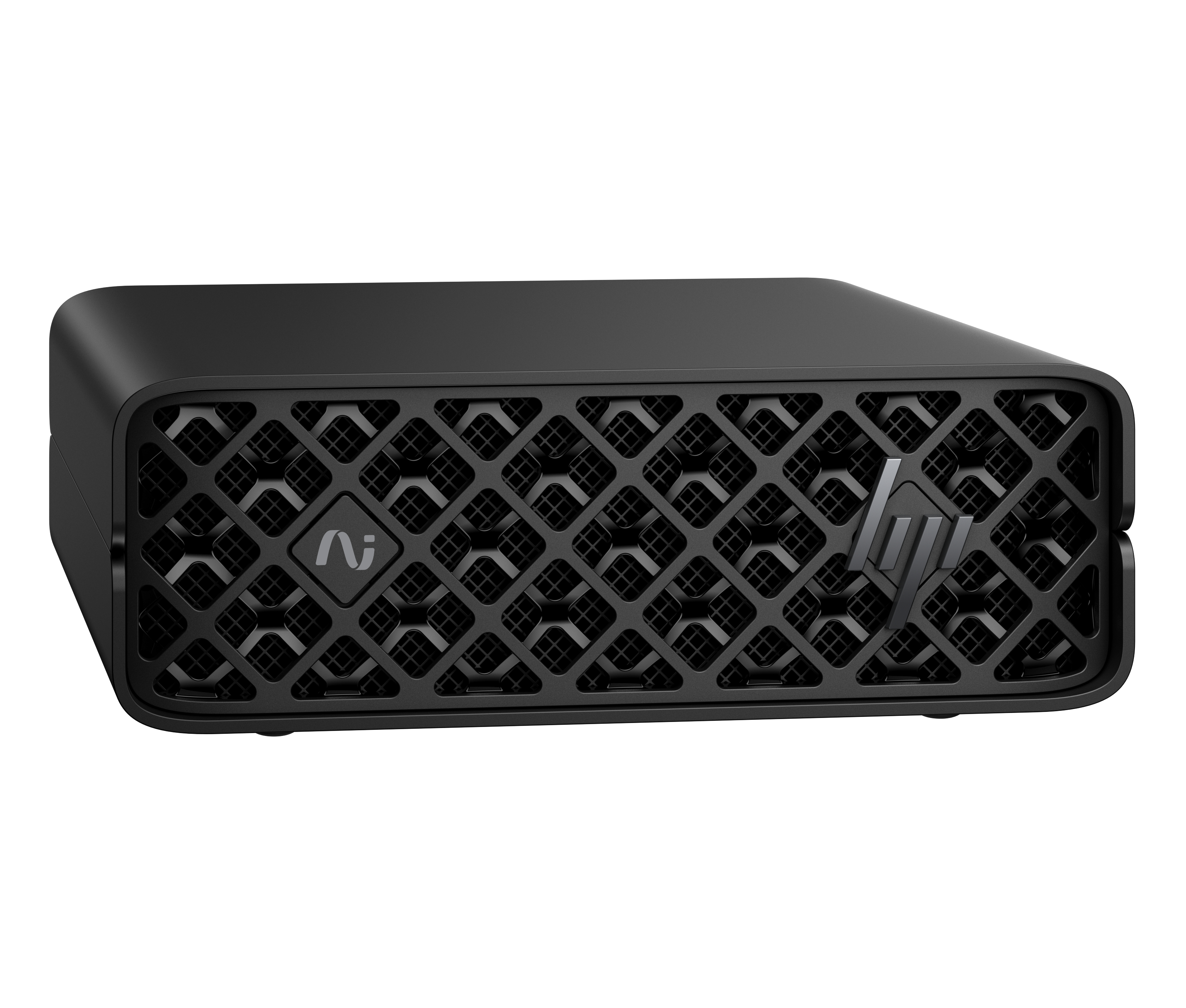 Un mini PC nero con motivo a griglia frontale e logo HP.