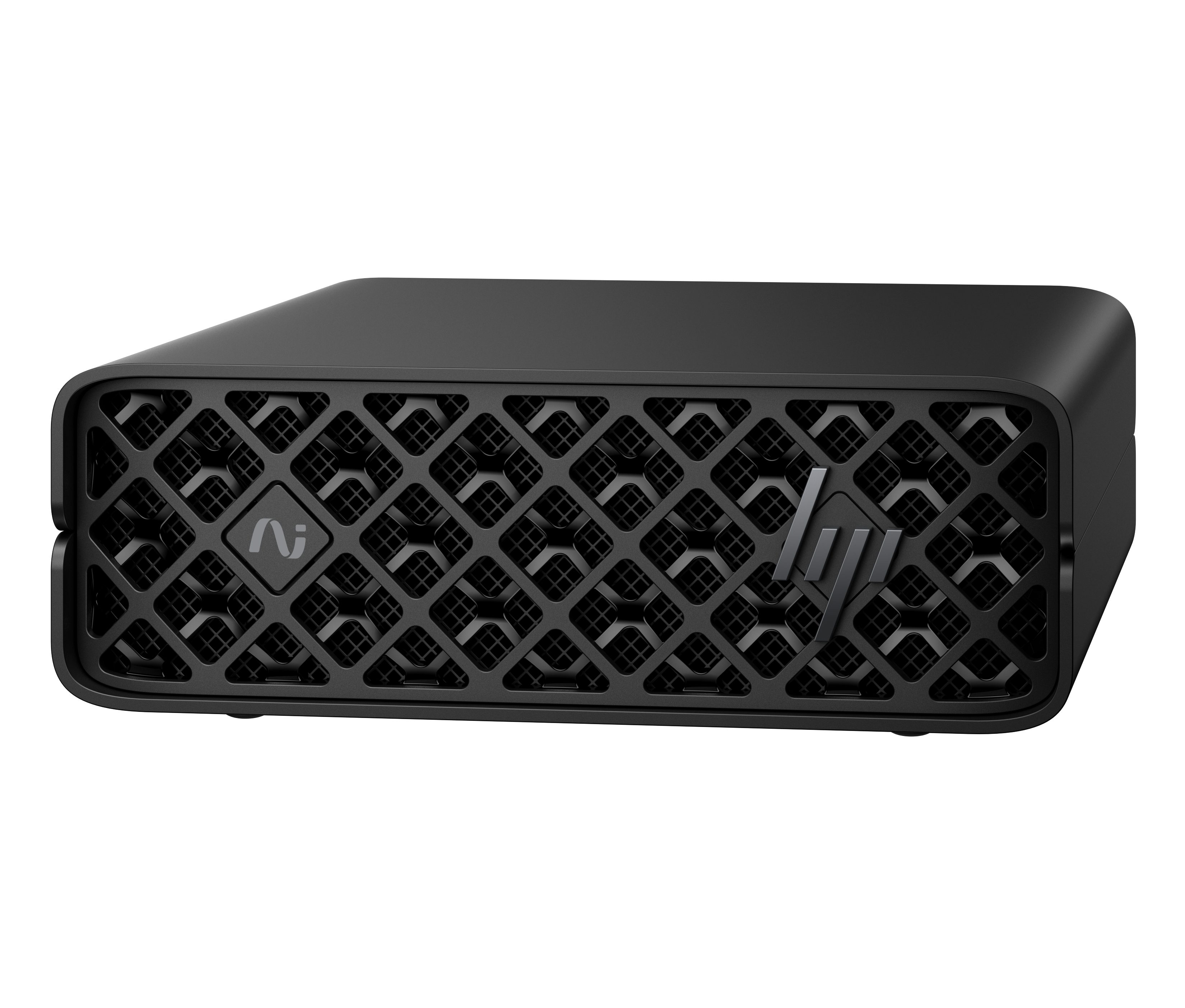 Un mini PC nero con motivo a griglia e loghi sul davanti.