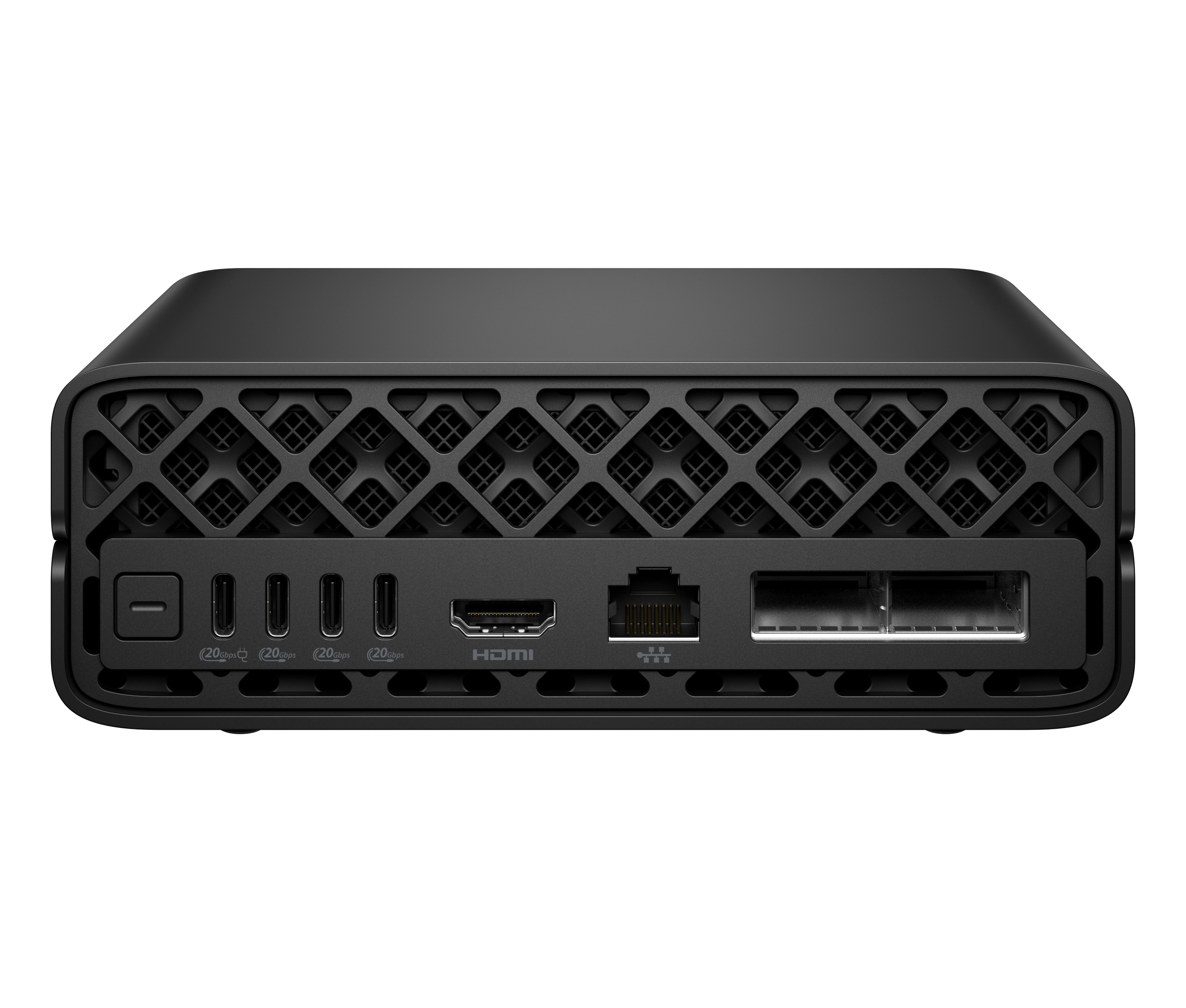Pannello posteriore mini PC nero con porte USB-C, HDMI ed Ethernet.