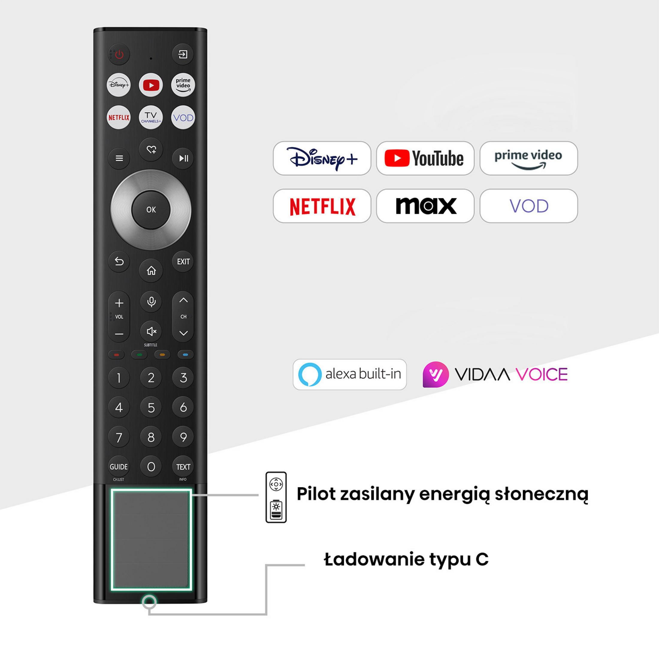 Mando negro con botones de servicios de streaming, teclado numérico y panel táctil. Solar.