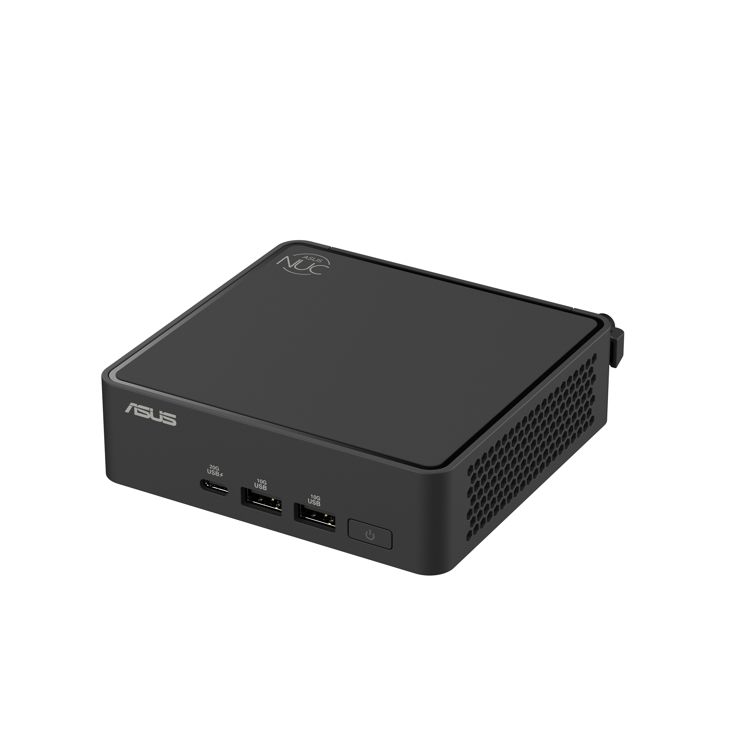 Czarny mini PC ASUS NUC z portami i przyciskiem zasilania.