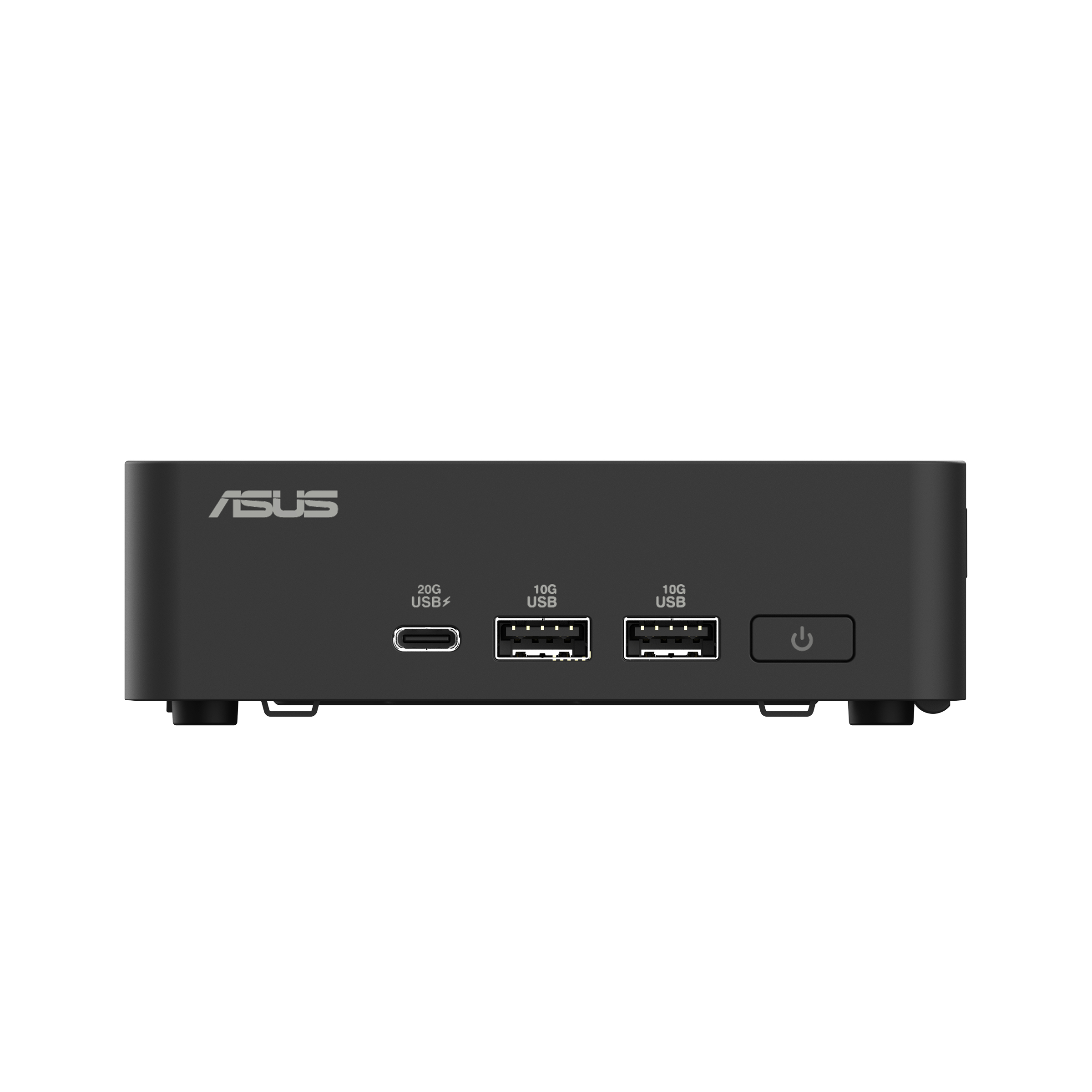 Czarny mini PC z logo ASUS, portem USB-C, dwoma portami USB-A i przyciskiem zasilania.