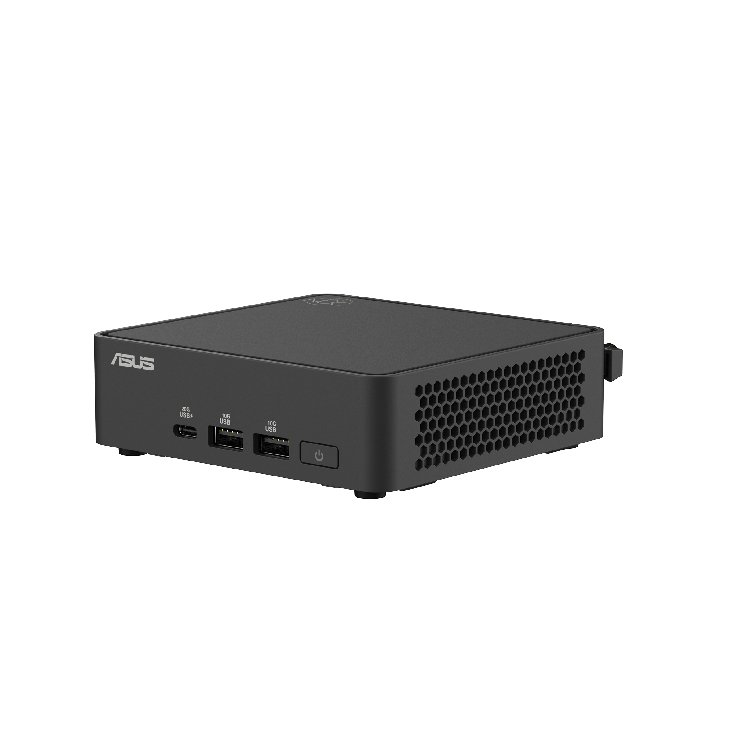 Kompaktowy czarny Mini PC ASUS z portami i kratkami wentylacyjnymi.