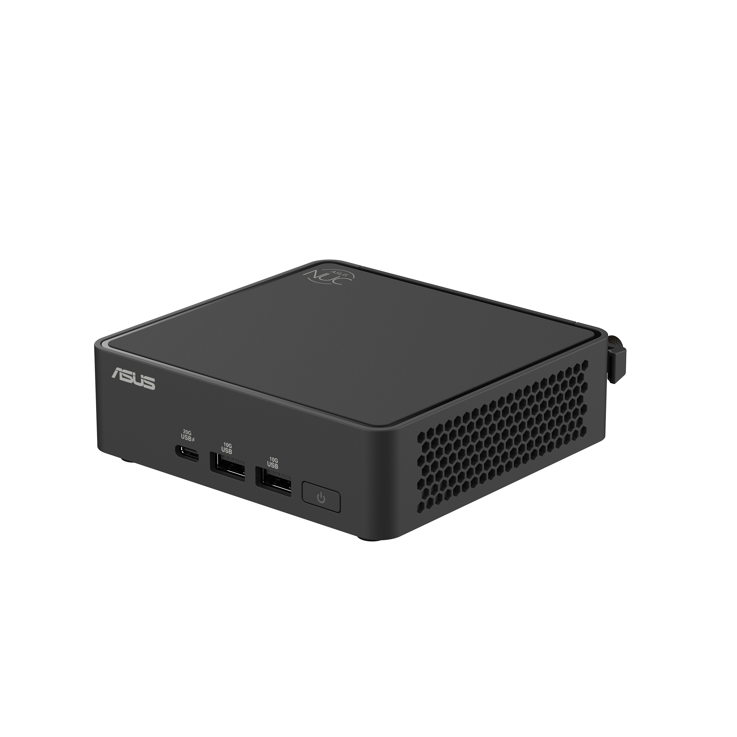 Czarny mini PC ASUS NUC z portami USB i przyciskiem zasilania.