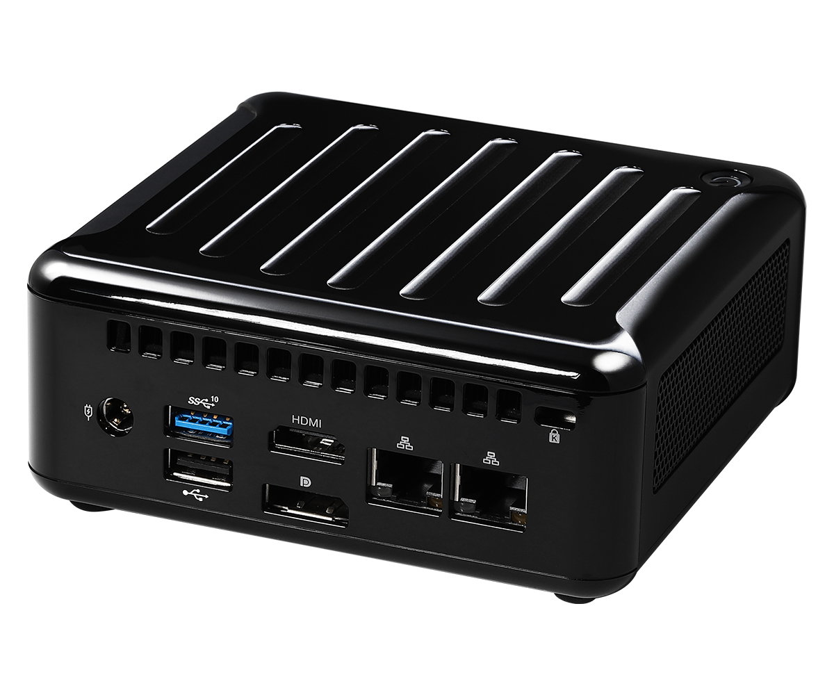 Un mini PC nero con prese d'aria superiori e porte frontali.