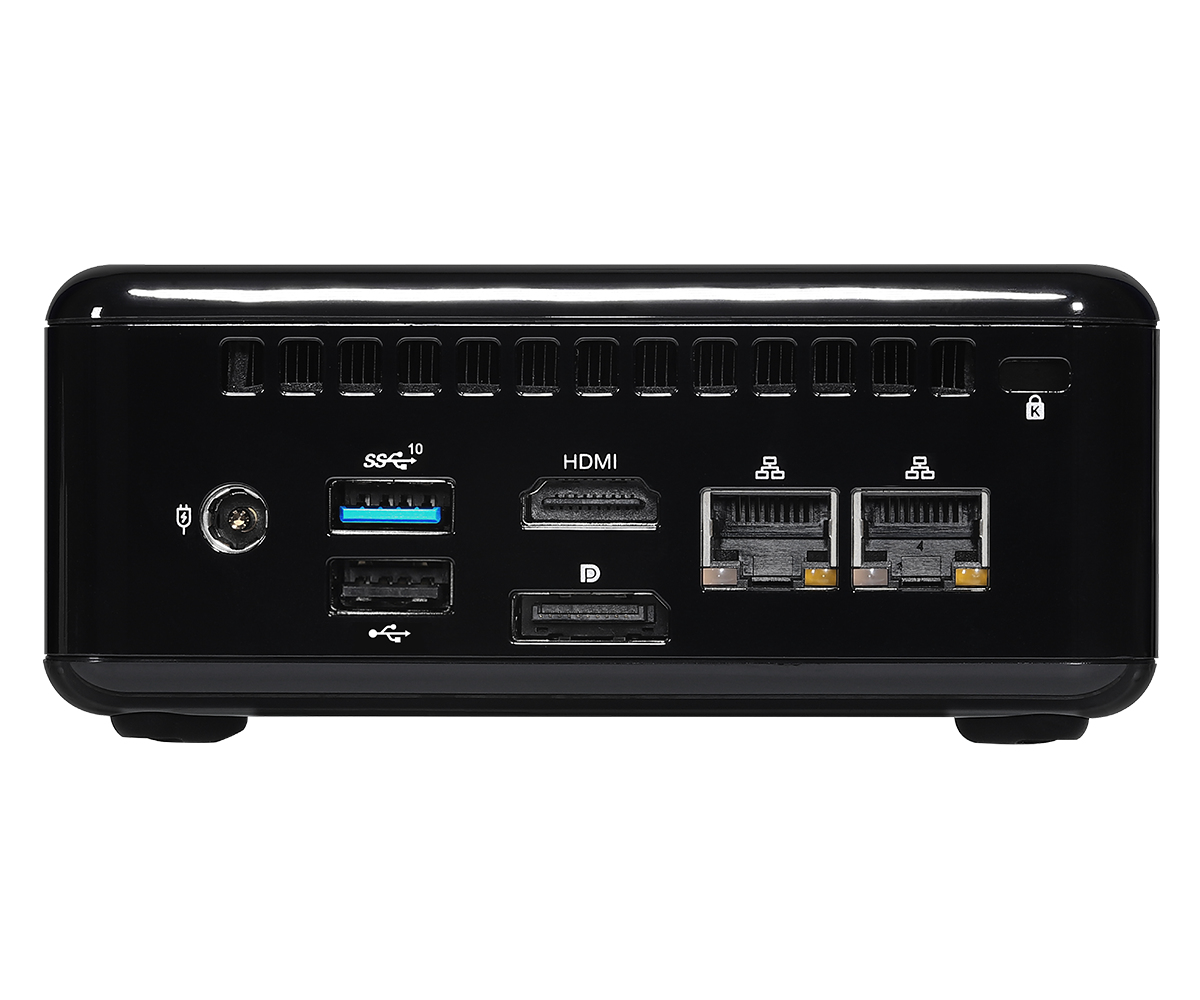 Retro di un mini PC nero con porte USB, HDMI, DisplayPort ed Ethernet.