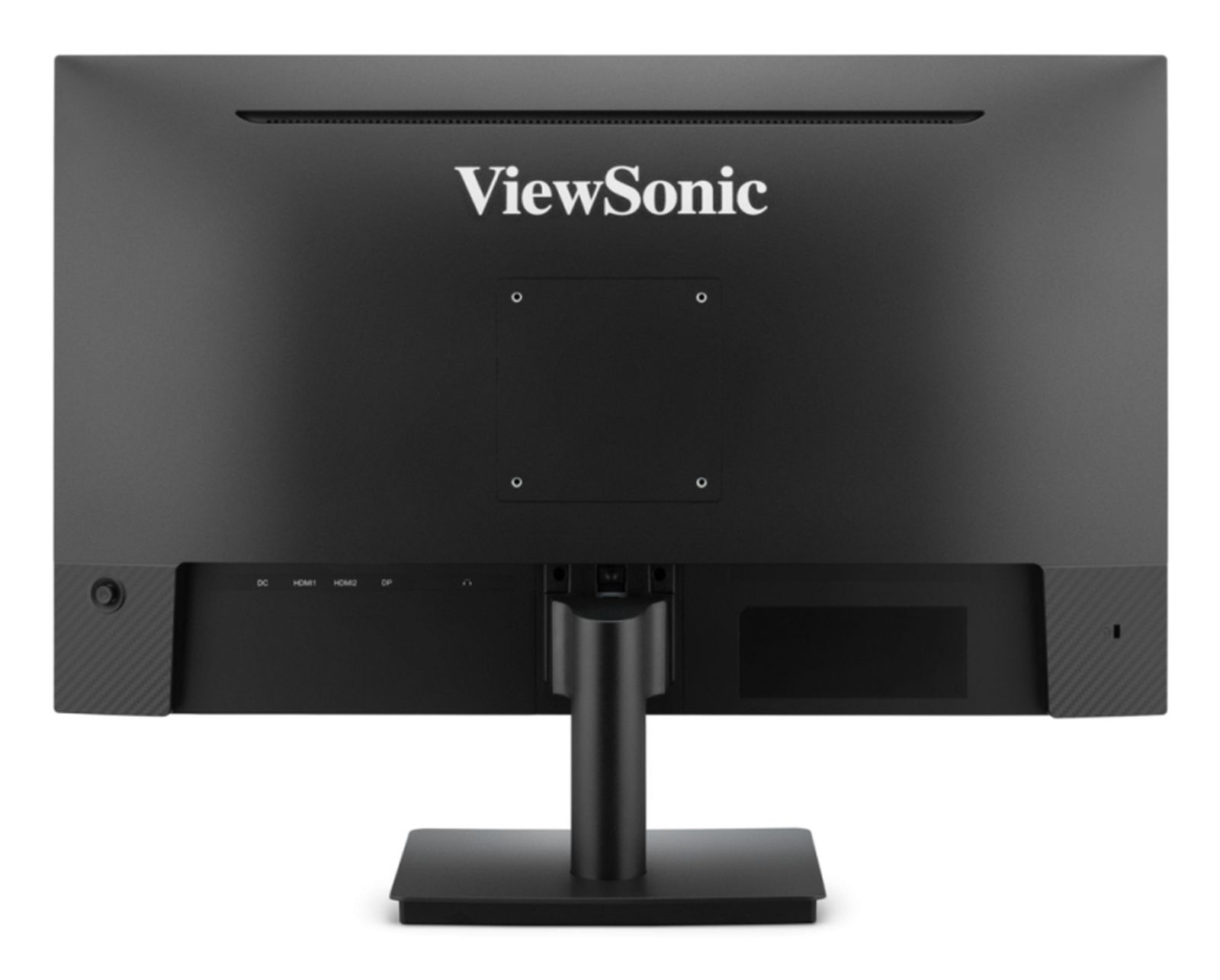 Tył czarnego monitora ViewSonic z portami i podstawką. Logo ViewSonic.