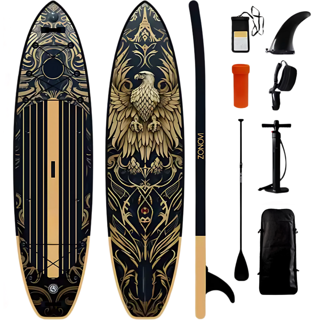 Een opblaasbare SUP met adelaarsdesign, peddel, pomp en accessoires.
