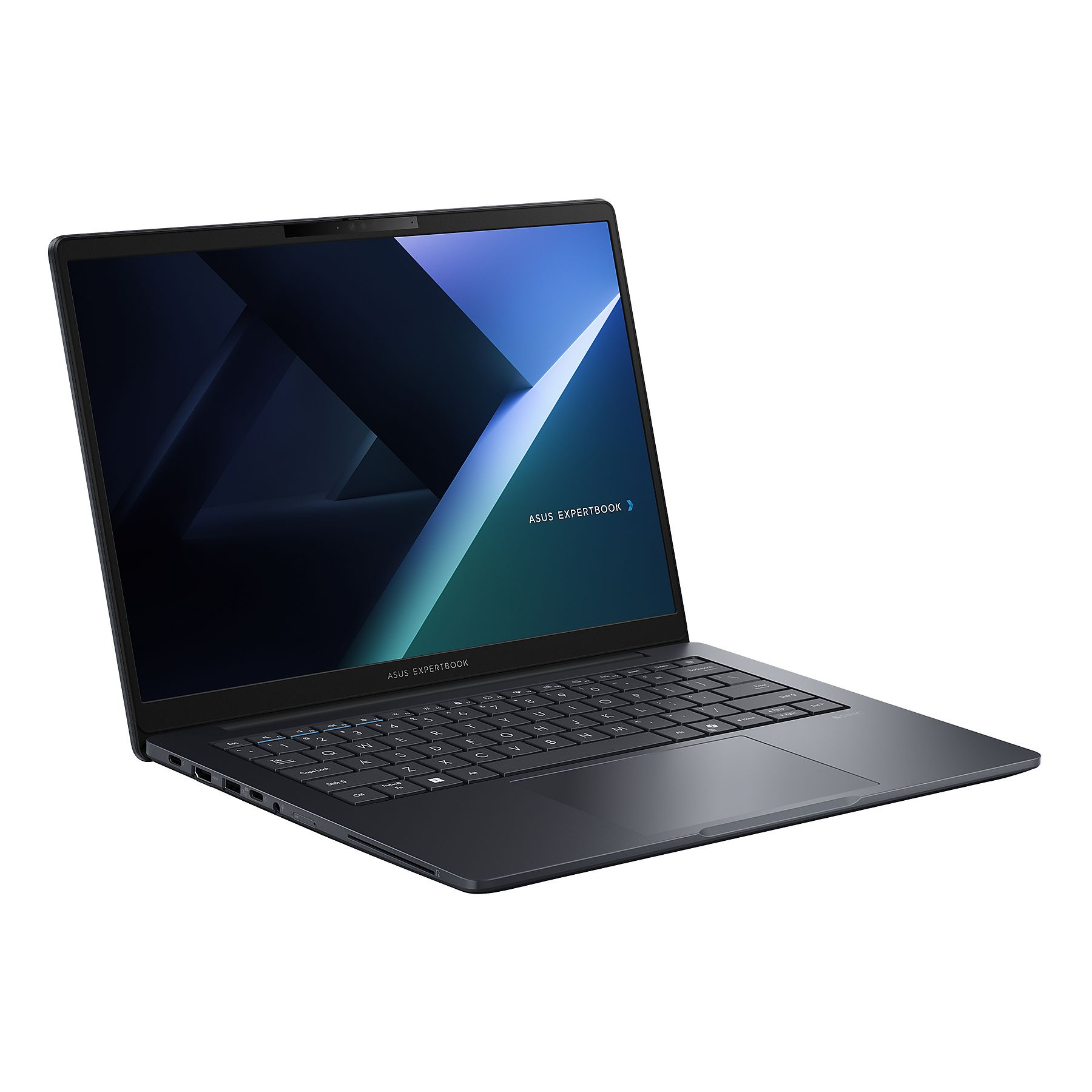 Un laptop Asus Expertbook grigio scuro con tastiera retroilluminata e sfondo blu-verde.