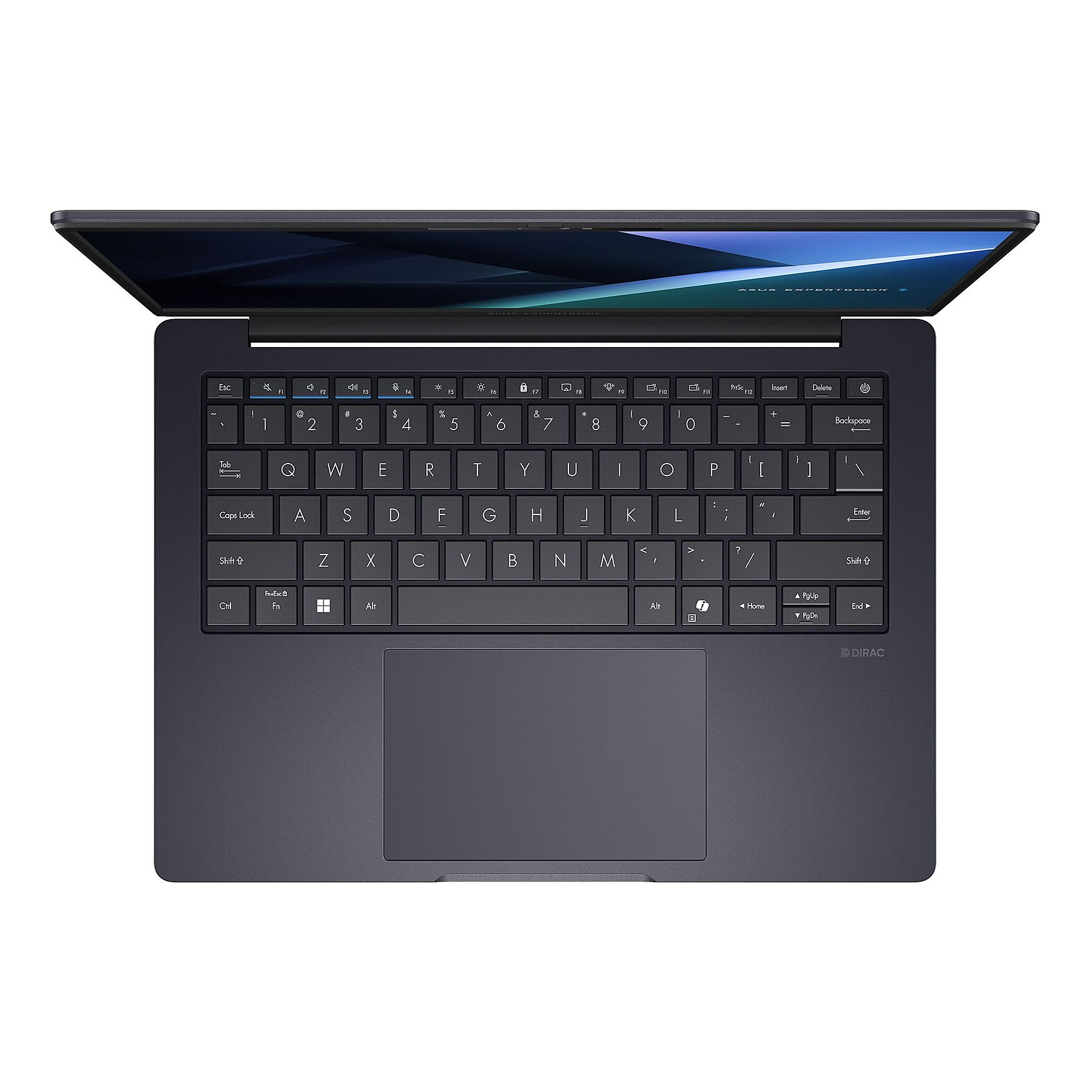 Un laptop scuro aperto con tastiera retroilluminata e touchpad visibile.