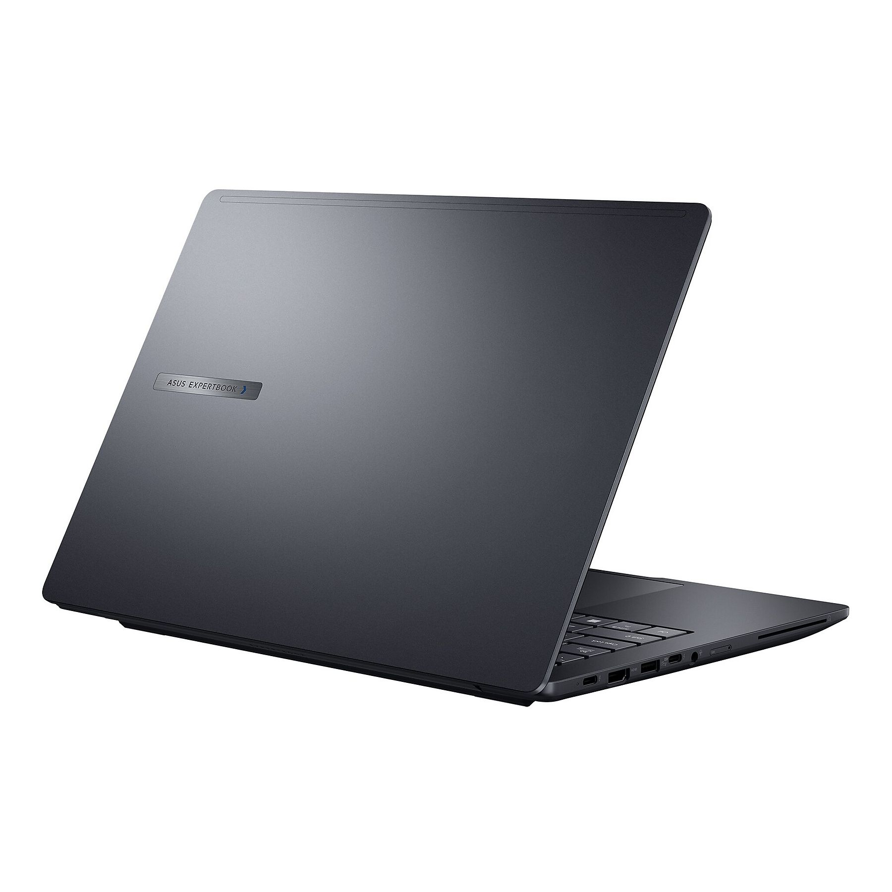 Un laptop ASUS ExpertBook scuro, aperto su sfondo bianco.
