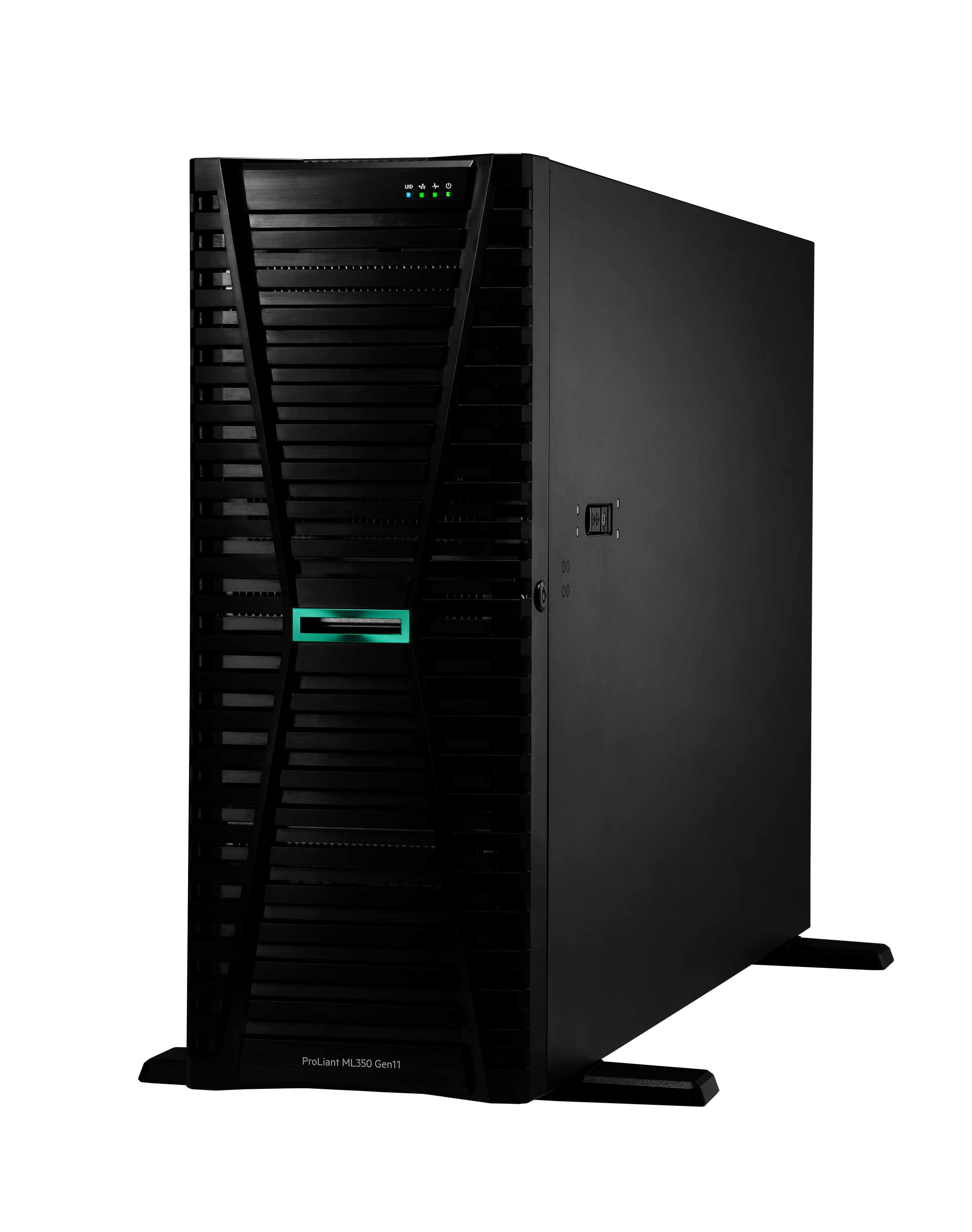 Torre server nera con accento verde e luci di stato su sfondo bianco.