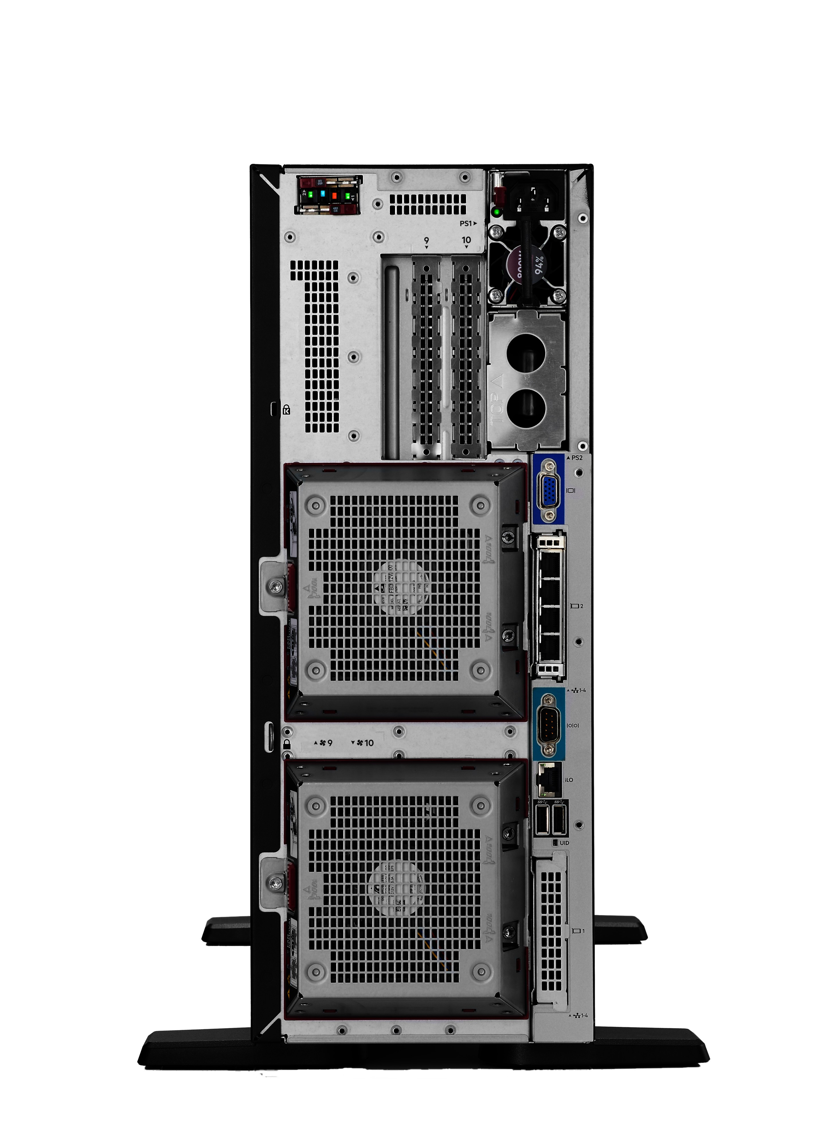 Retro di un server con ventole, porte e LED.